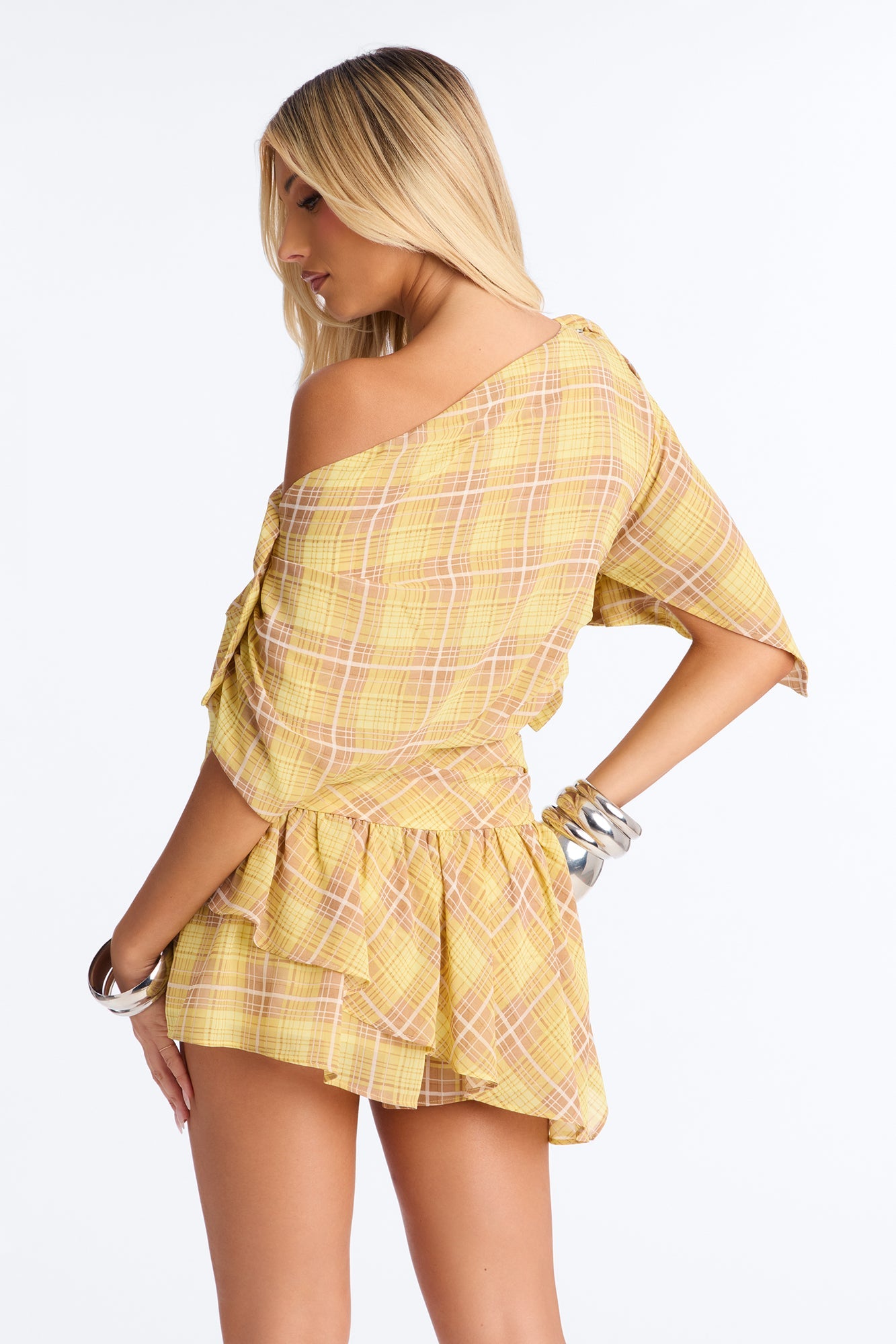 Come Closer Plaid One Shoulder Skirt Set - Yellow/combo