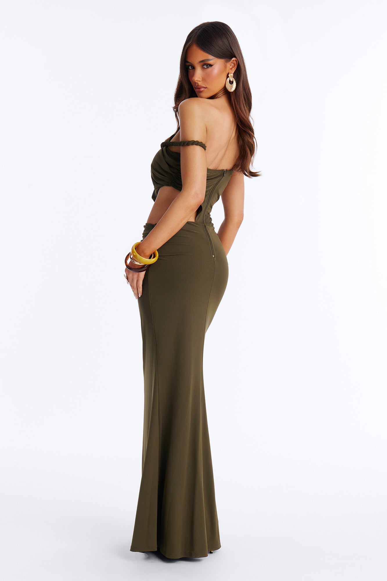 Zanna Ruched Mesh Maxi Dress - Olive