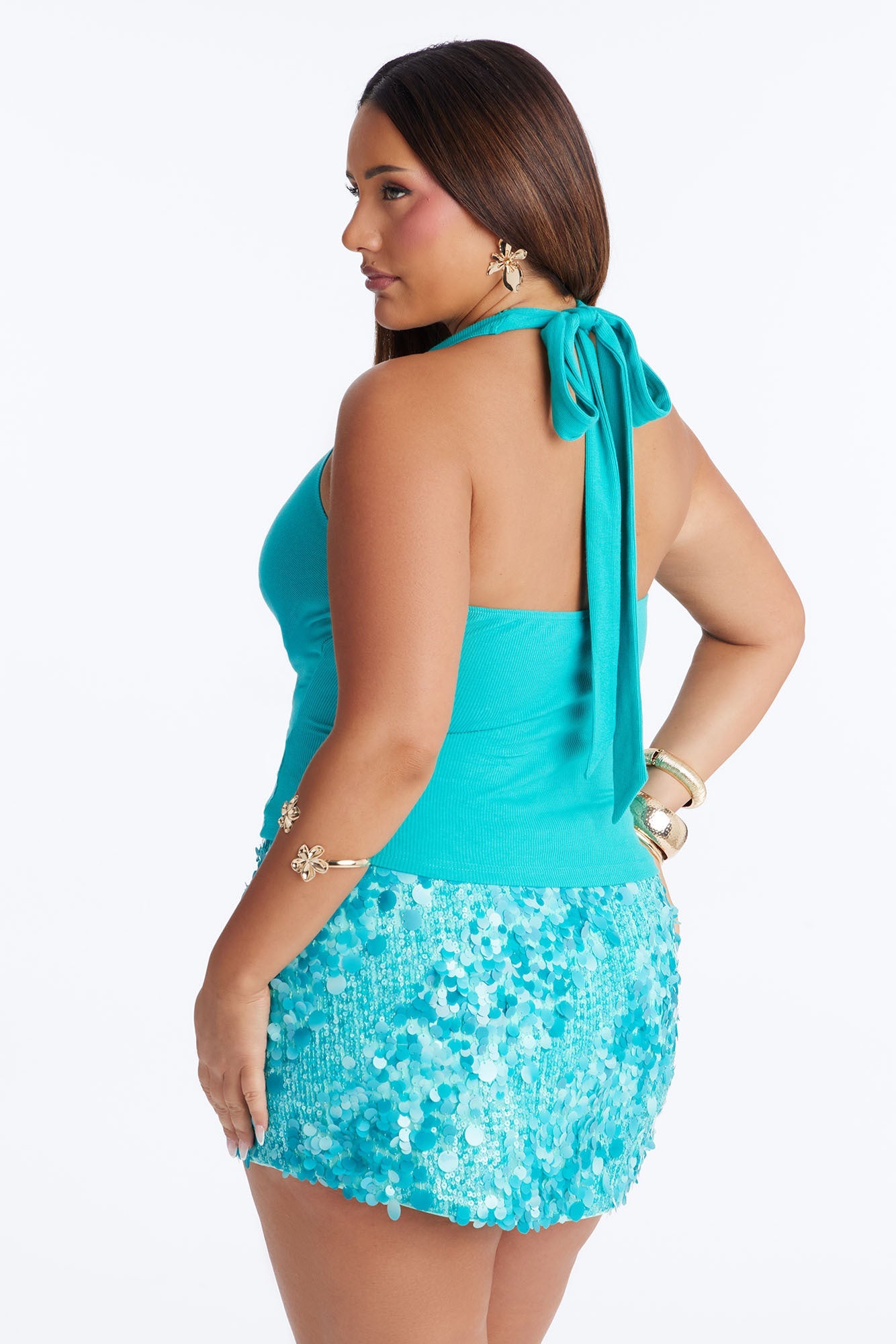 Haley Hardware Ruched Ribbed Halter Top - Blue