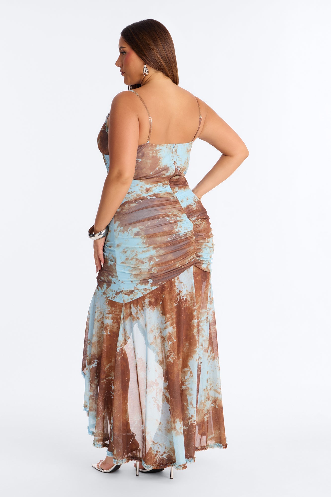 So Stunning Ruched Mesh Maxi Dress - Blue/combo