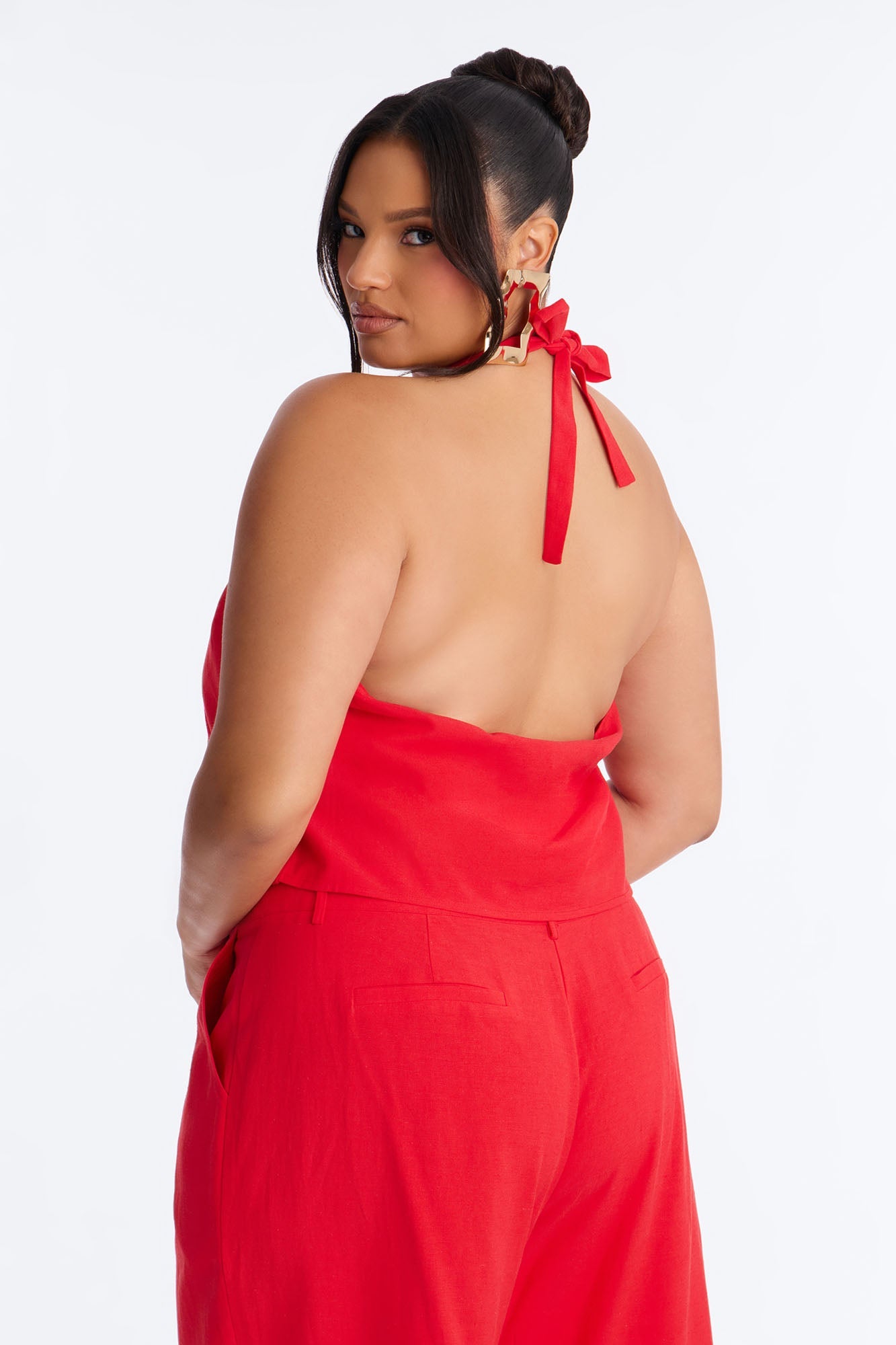 Ocean Breeze Linen Backless Halter Top - Tomato Red