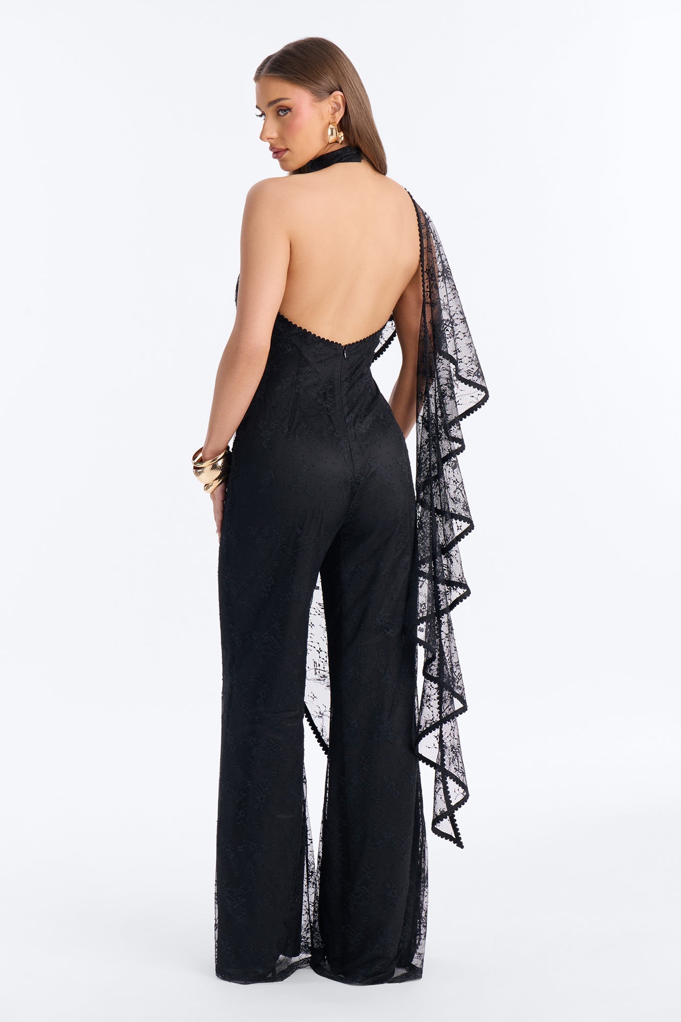 Tayla Draped Lace Wide Leg Jumpsuit - Black