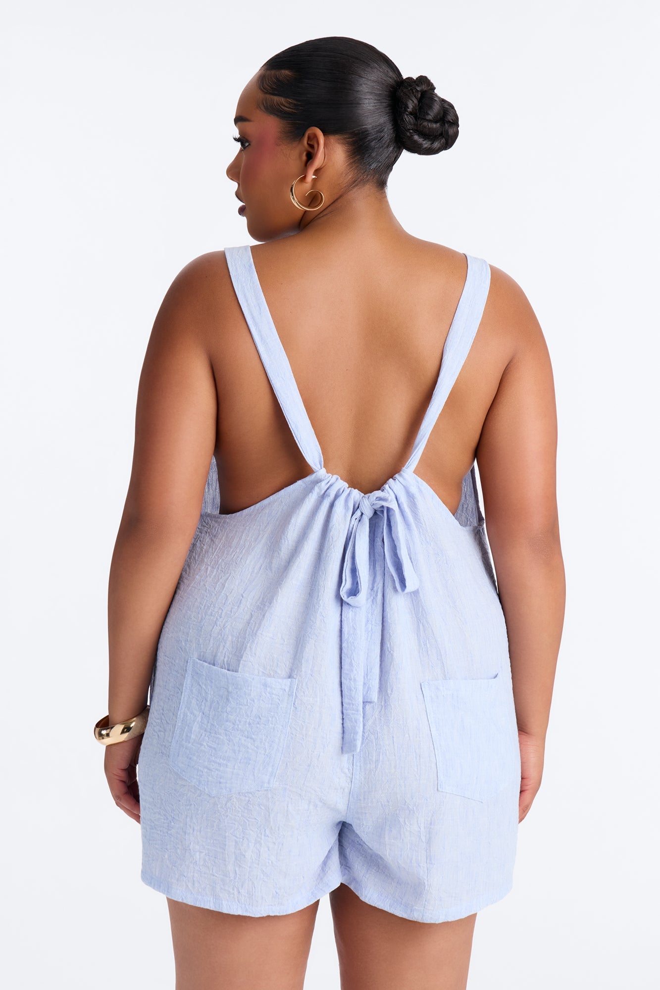 Jeanie Flowy Linen Romper - Blue