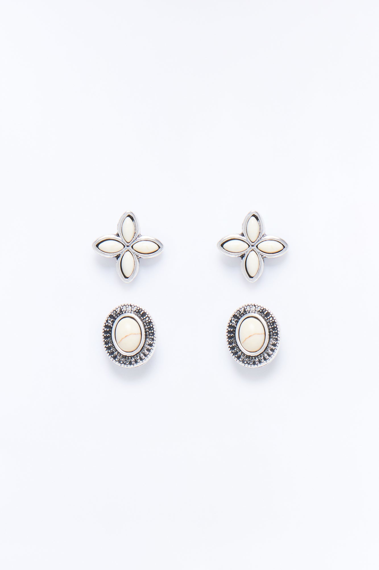 Jeweled Stone 2 Pair Earring Set - White/Silver