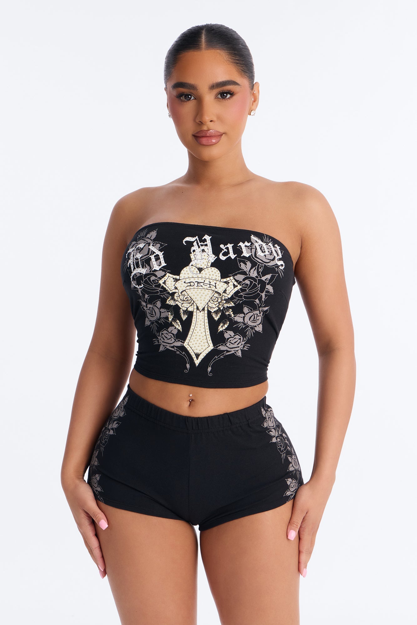 Ed Hardy Rose Cross Micro Short Set - Black