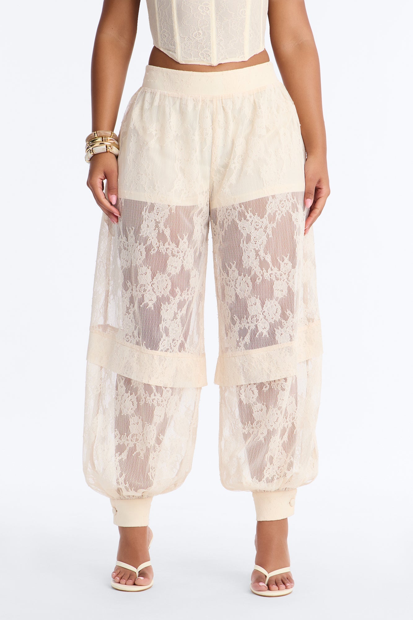 Queen Bee Mid Rise Lacey Jogger Pant - Ivory