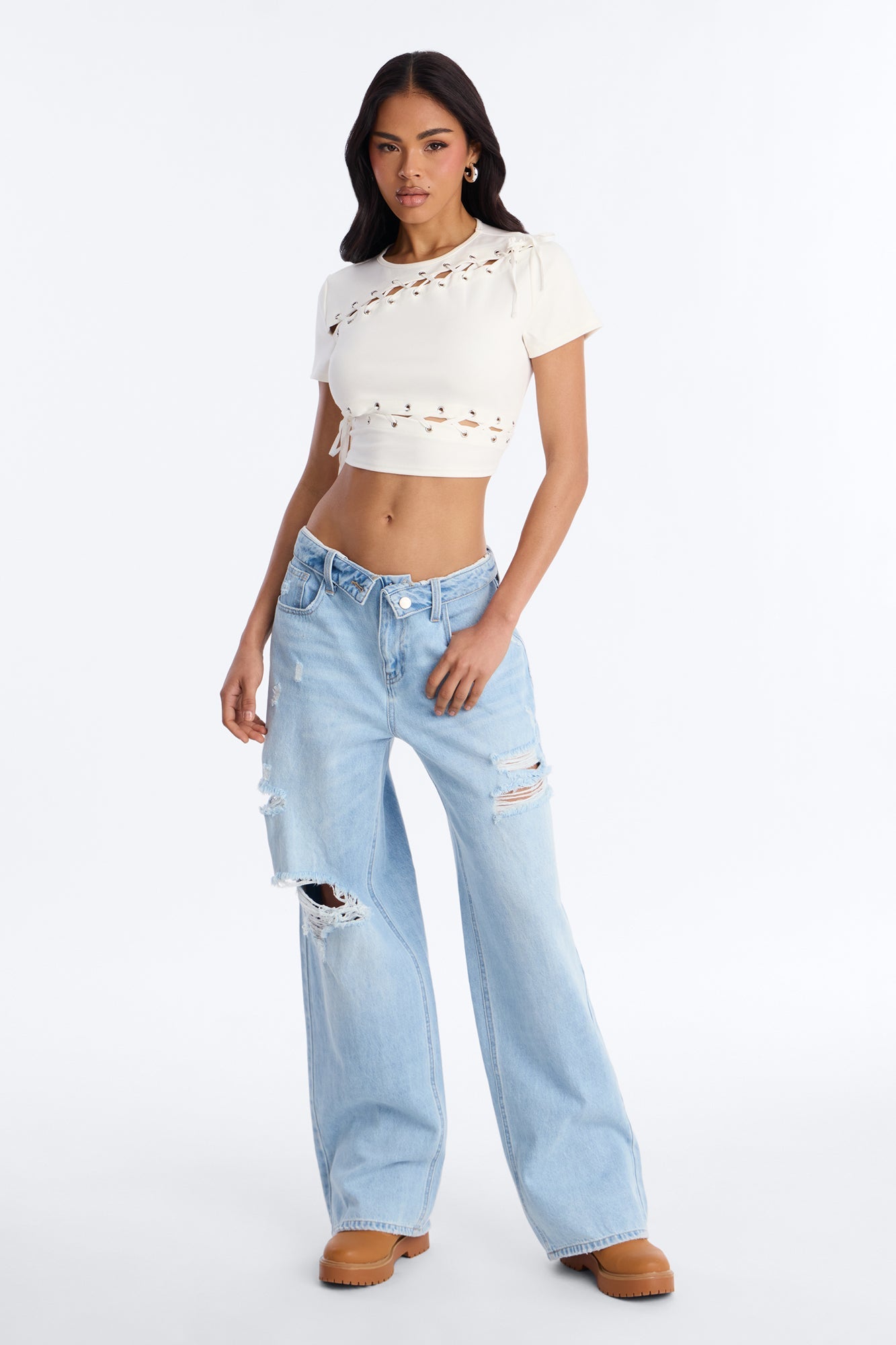 Pull My Heartstrings Lace Up Short Sleeve Top - White
