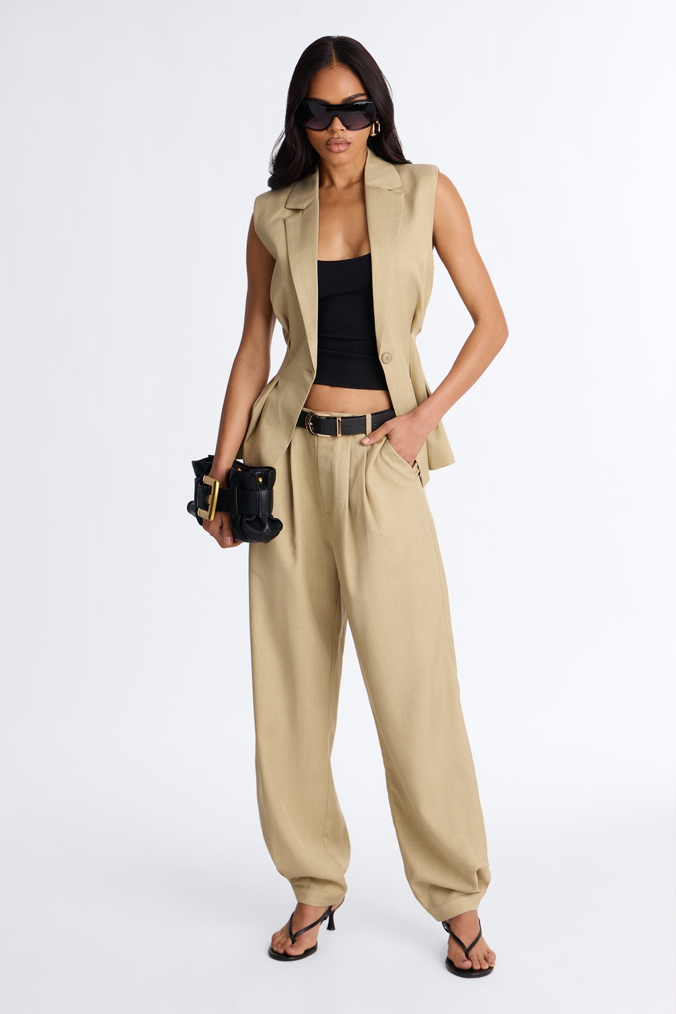 Christina Button Cuff Pleated Straight Leg Trouser - Sage