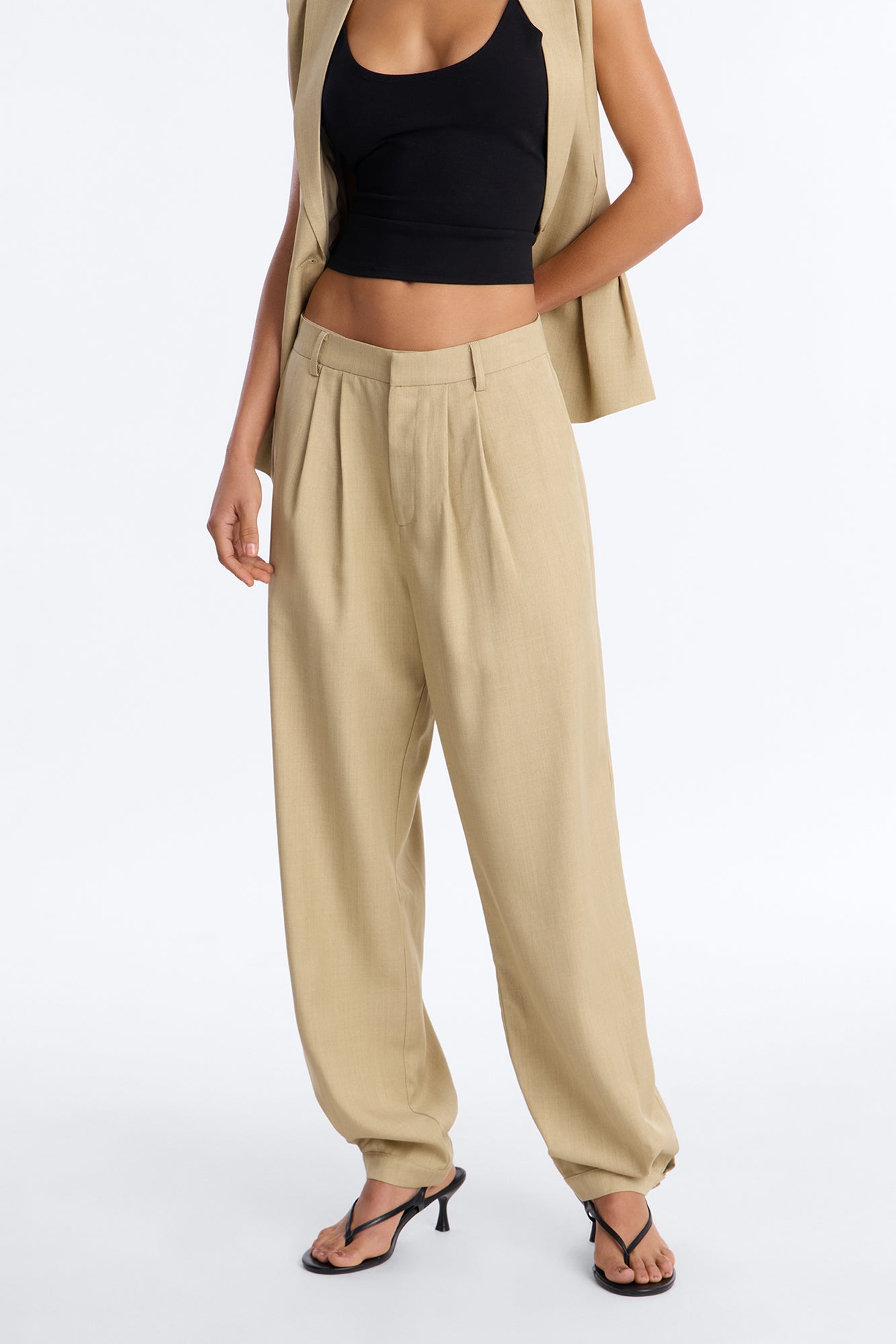 Christina Button Cuff Pleated Straight Leg Trouser - Sage