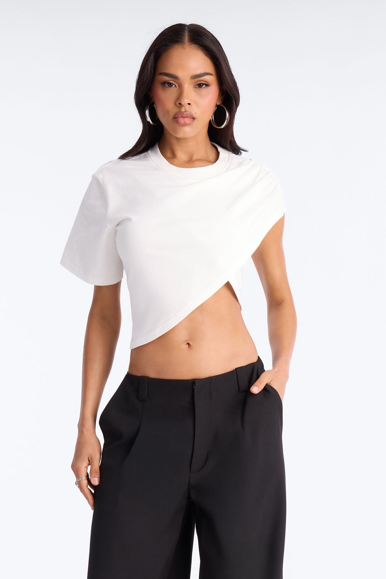 Unbothered Asymmetrical Short Sleeve T-Shirt - White