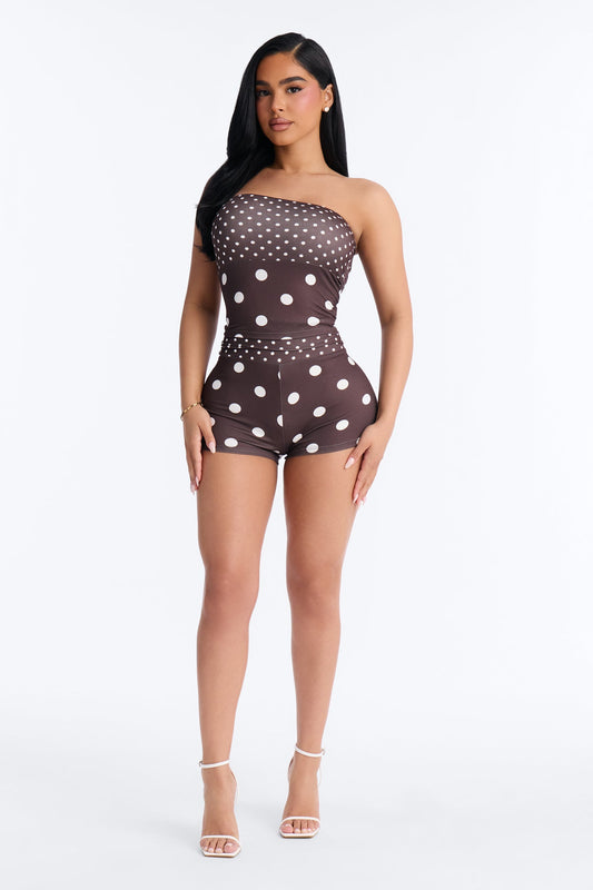 Sabrina Polka Dot Fold Over Waist Micro Short Set - Chocolate