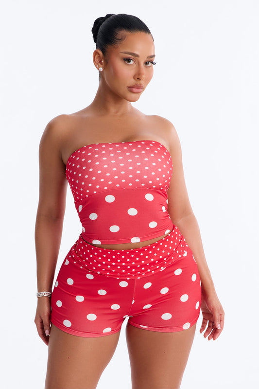 Sabrina Polka Dot Fold Over Waist Micro Short Set - Red
