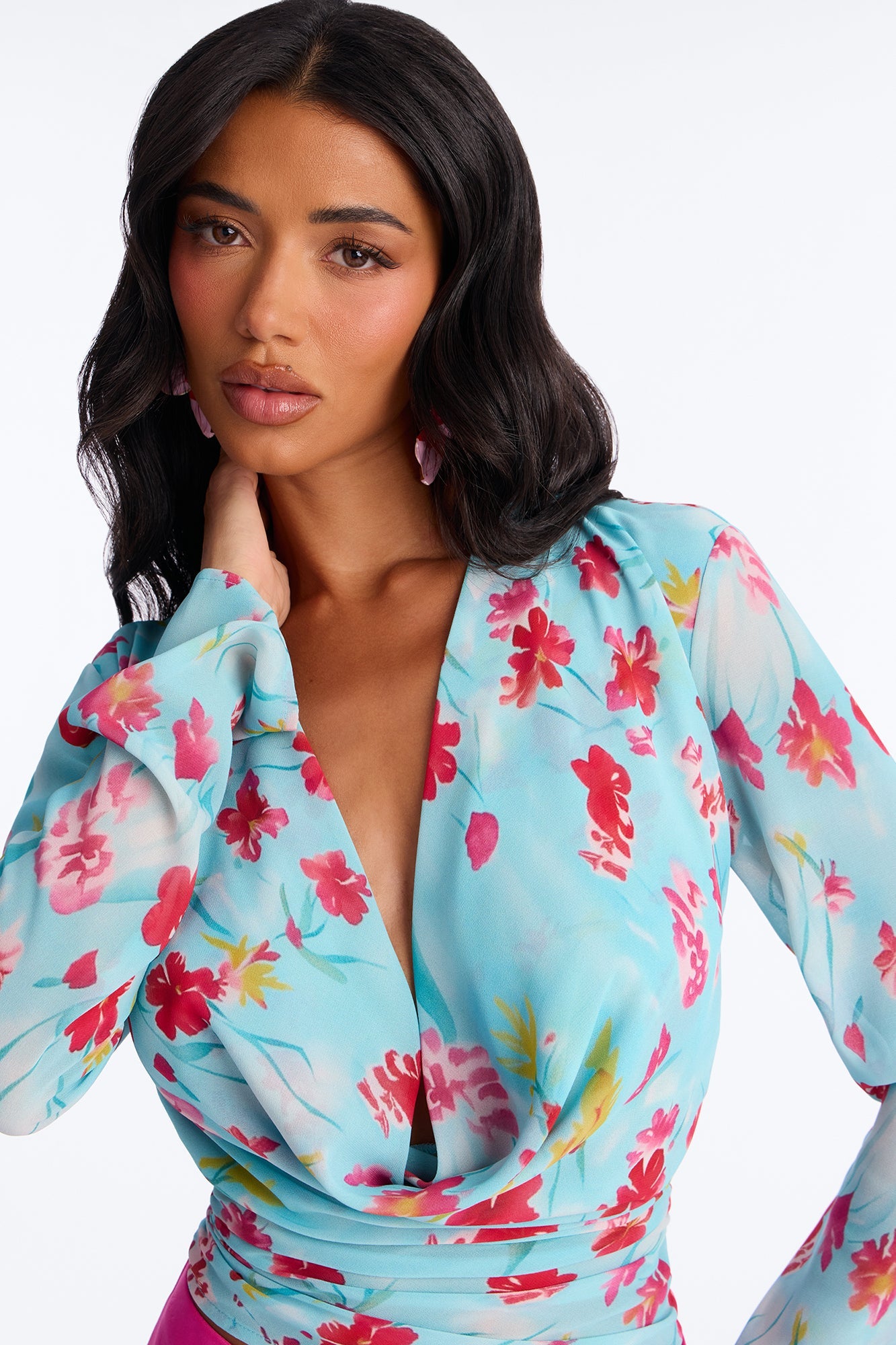 Chloe Cowl Neck Floral Chiffon Blouse - Blue/combo