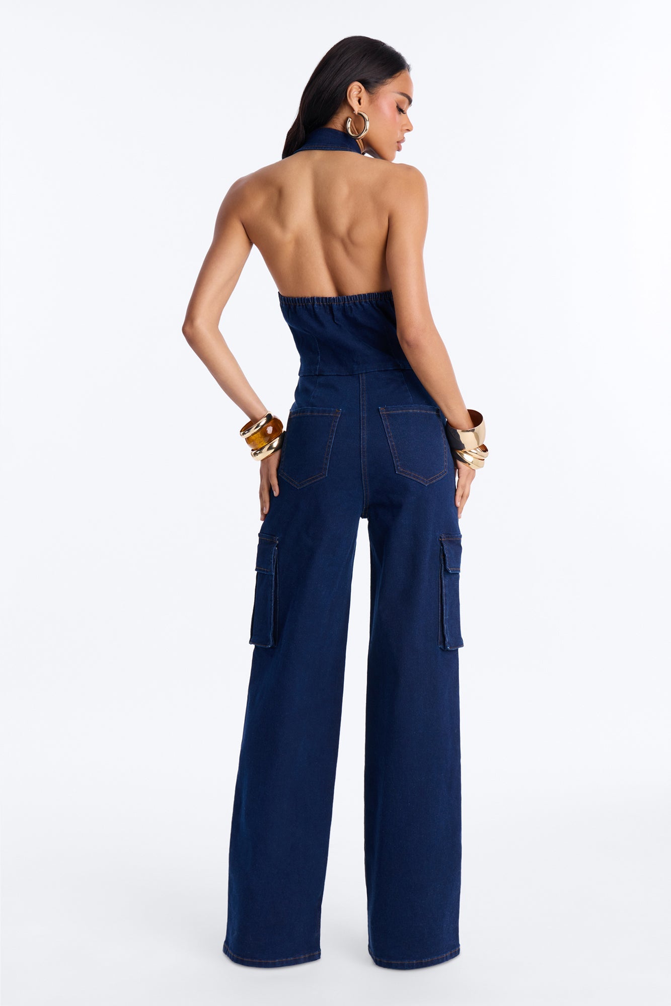 Jaime Denim Cargo Wide Leg Jumpsuit - Dark Wash