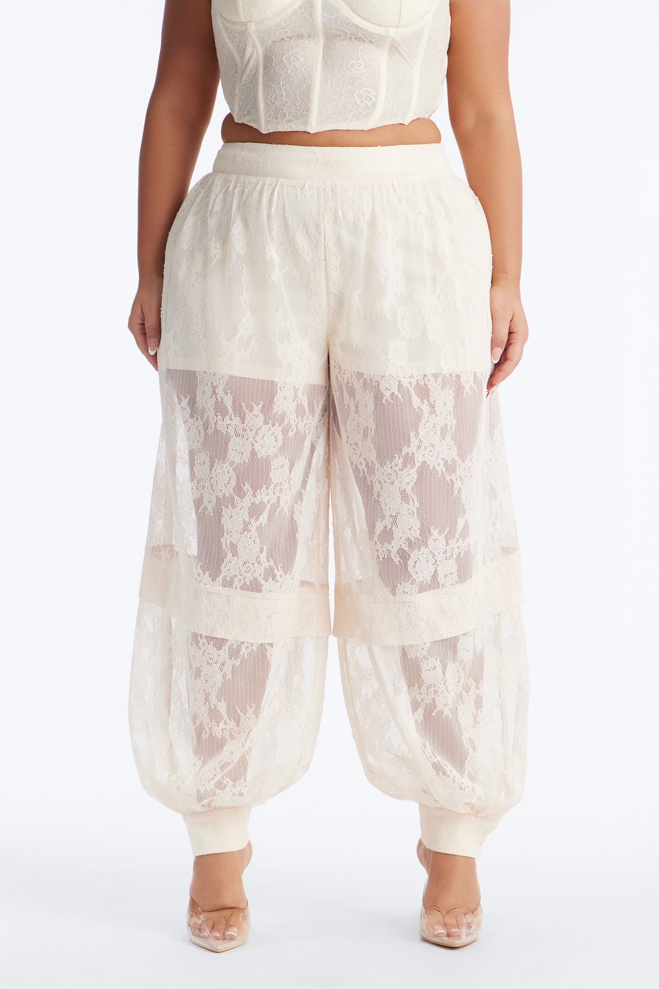 Queen Bee Mid Rise Lacey Jogger Pant - Ivory