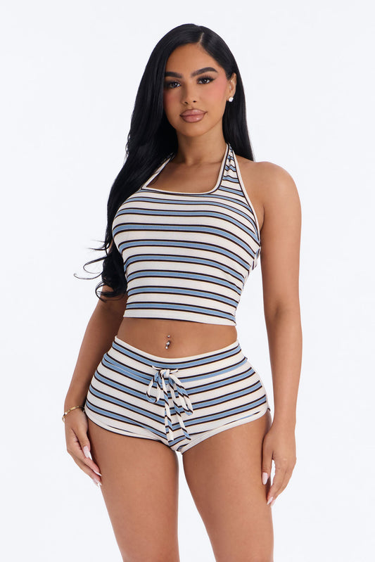 Emely Halter Striped Short Set - Blue/combo