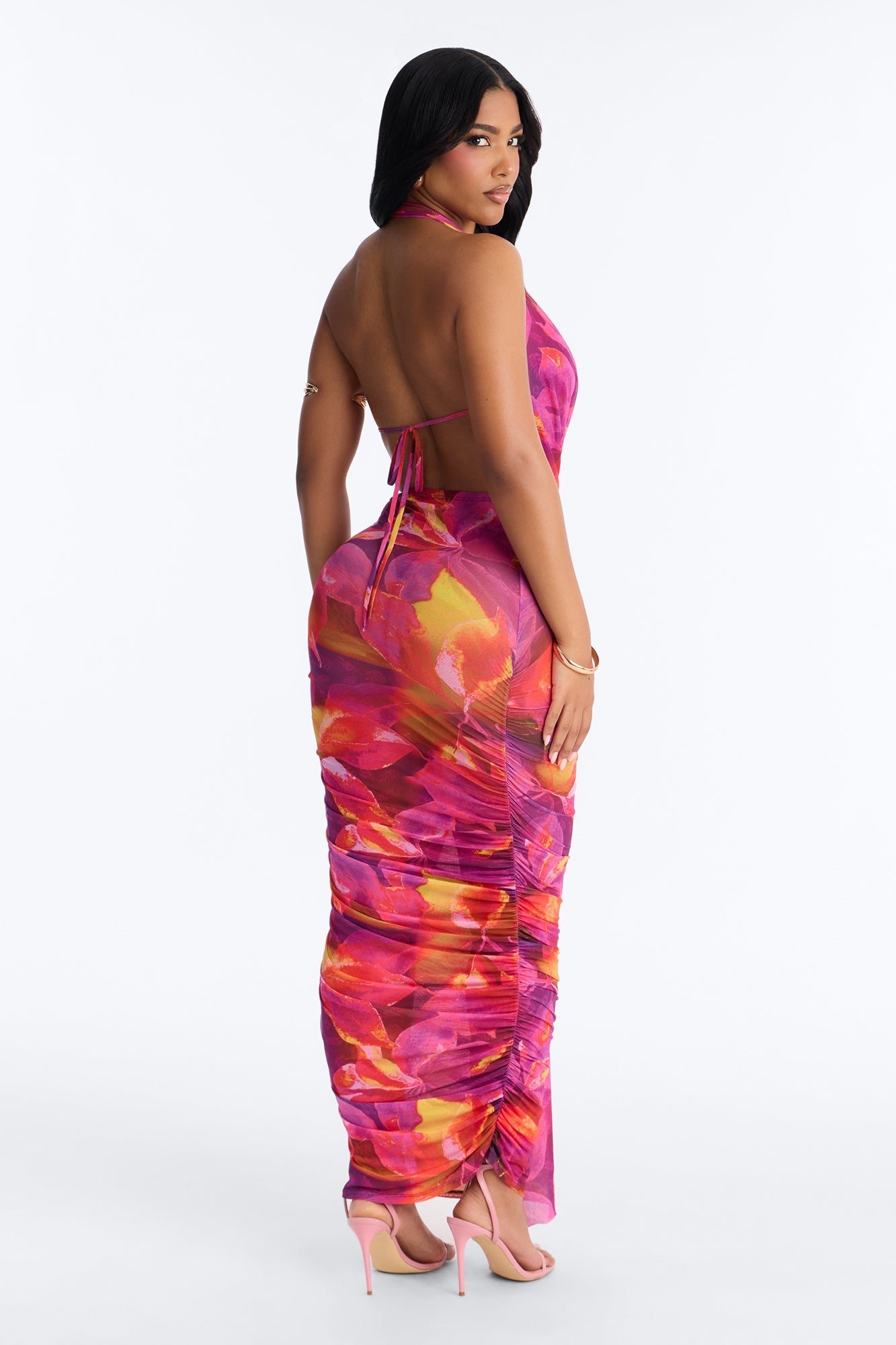 Kyla Halter Printed Mesh Maxi Dress - Magenta/combo