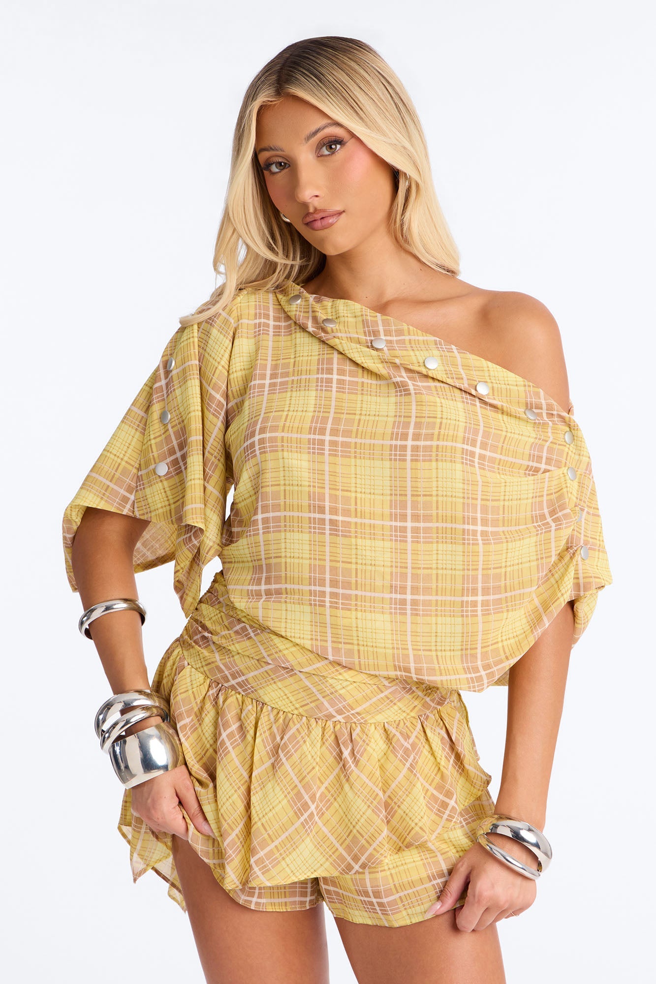 Come Closer Plaid One Shoulder Skirt Set - Yellow/combo