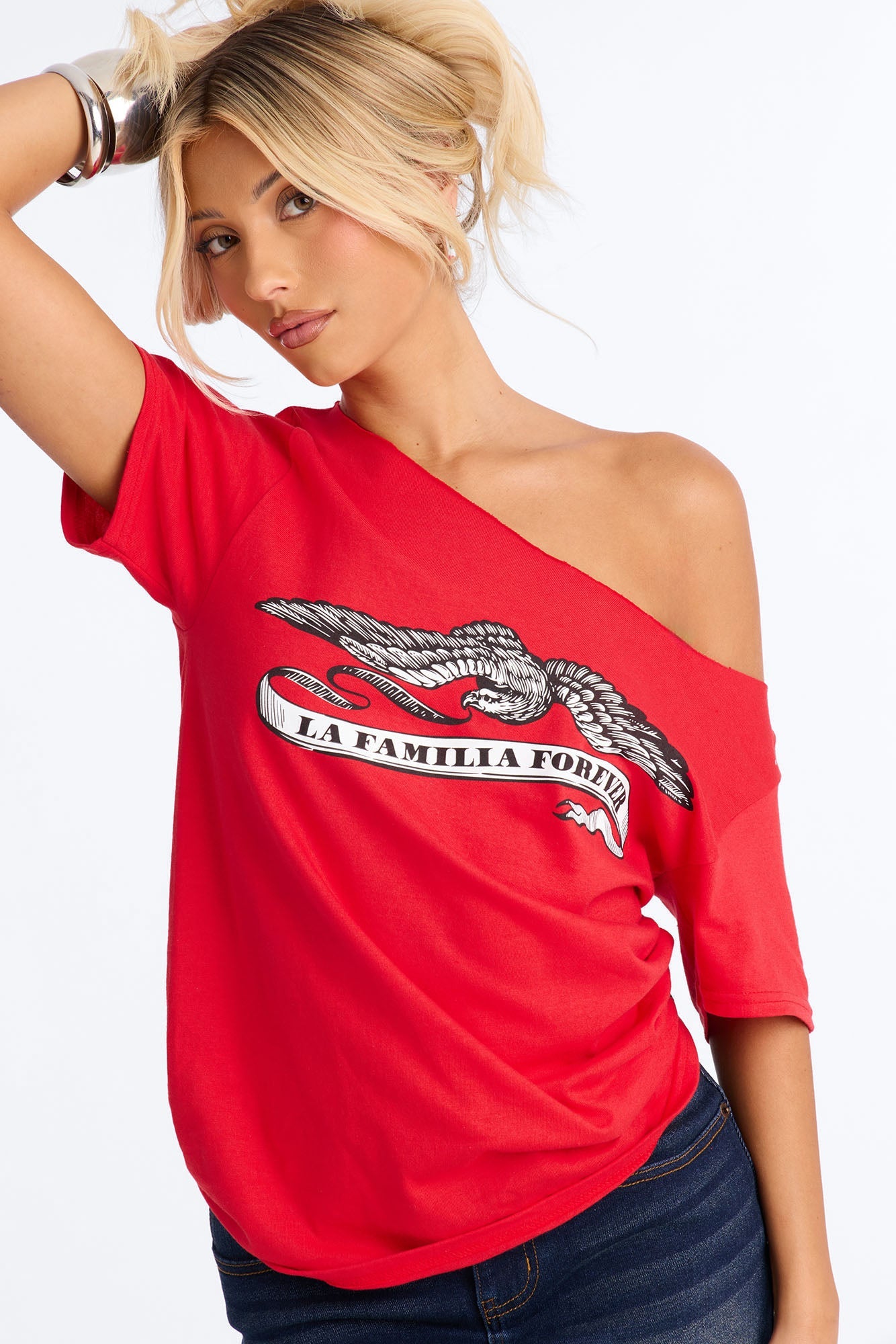 La Familia Forever Eagles Off Shoulder Top - Red