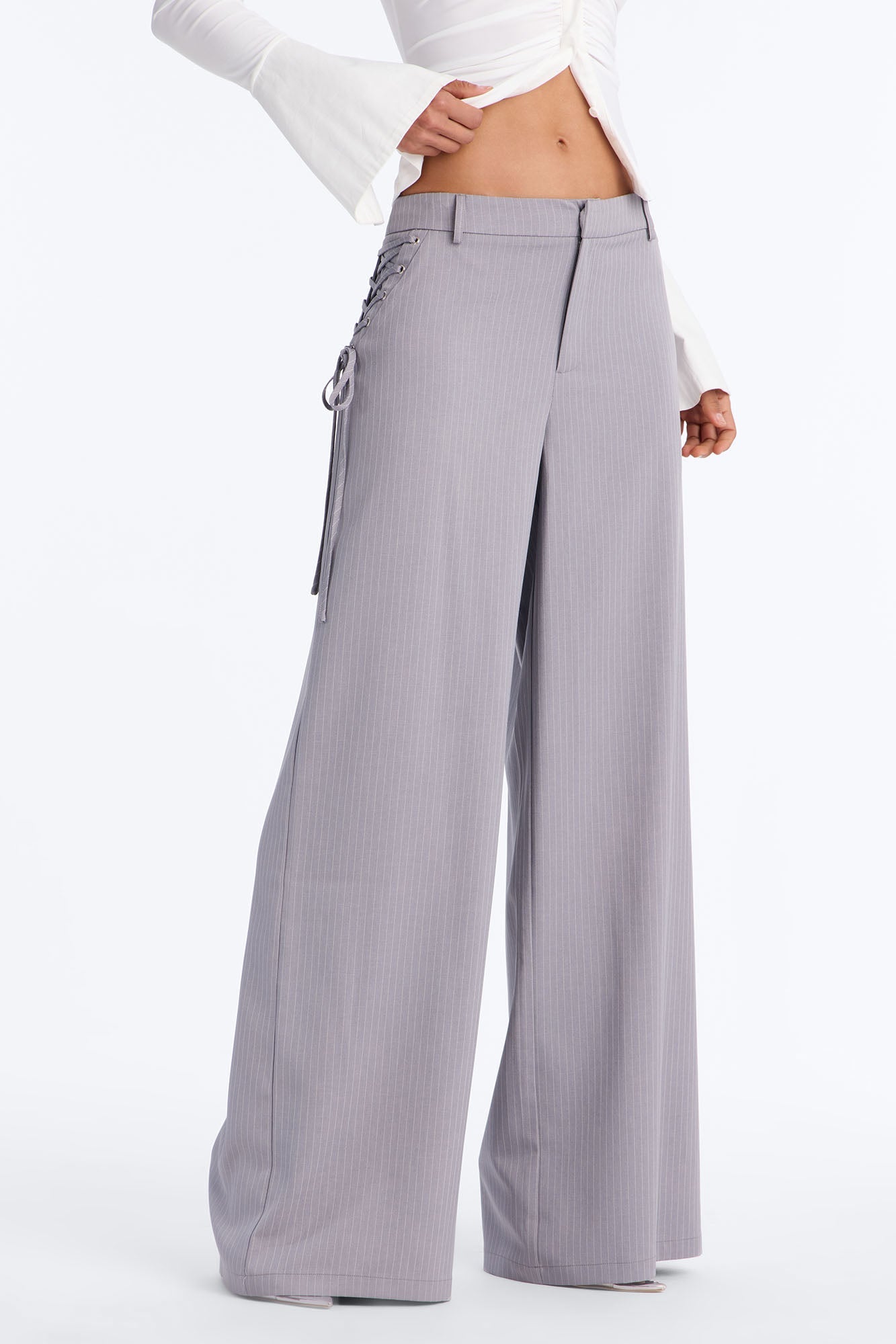 All Laced Up Low Rise Pinstripe Trouser - Light Grey