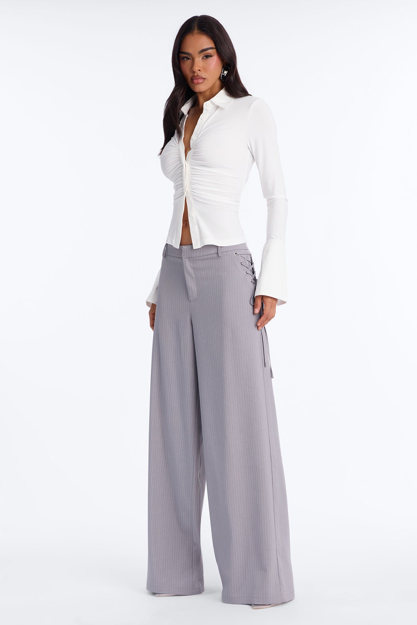 All Laced Up Low Rise Pinstripe Trouser - Light Grey