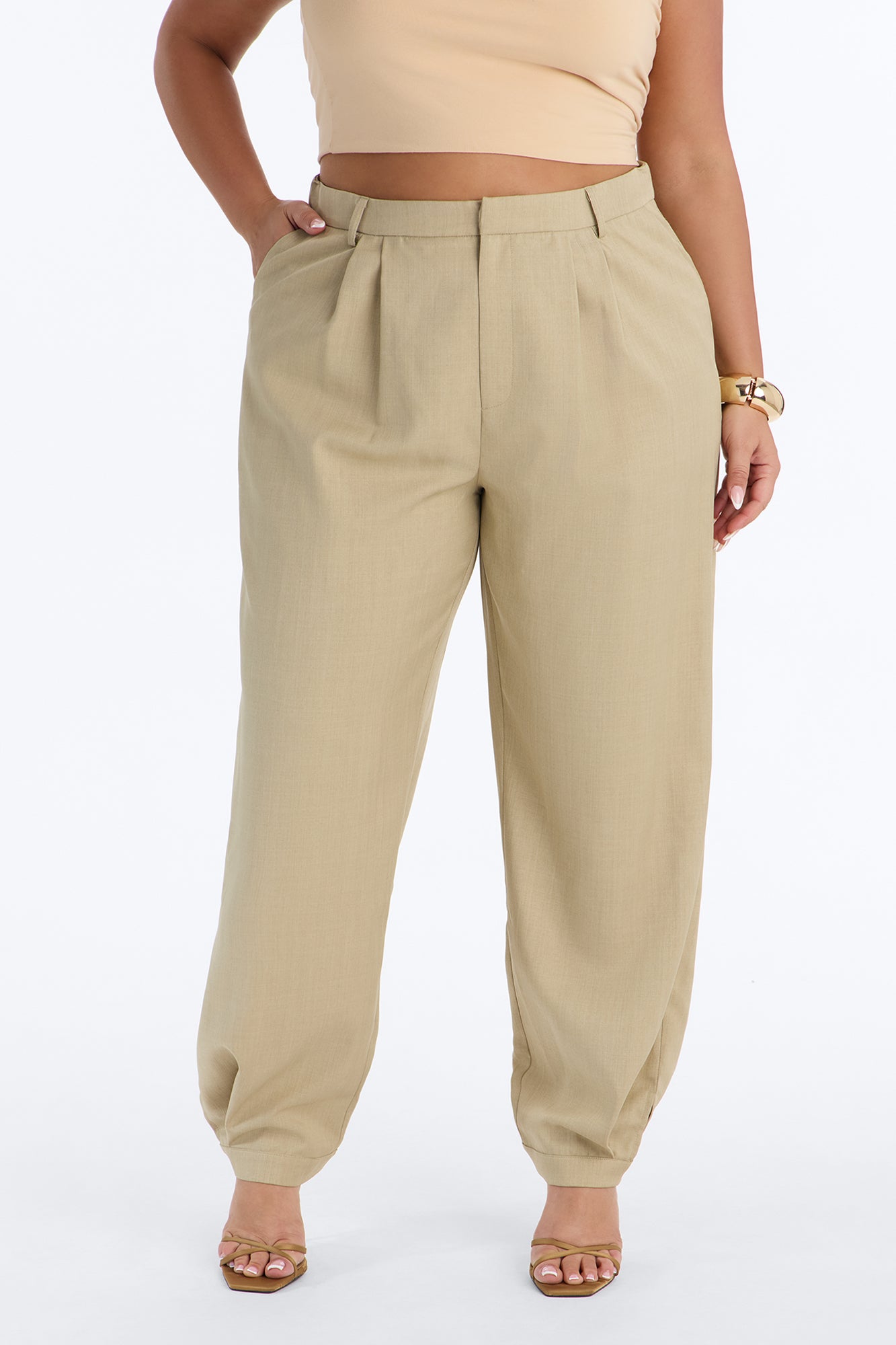 Christina Button Cuff Pleated Straight Leg Trouser - Sage
