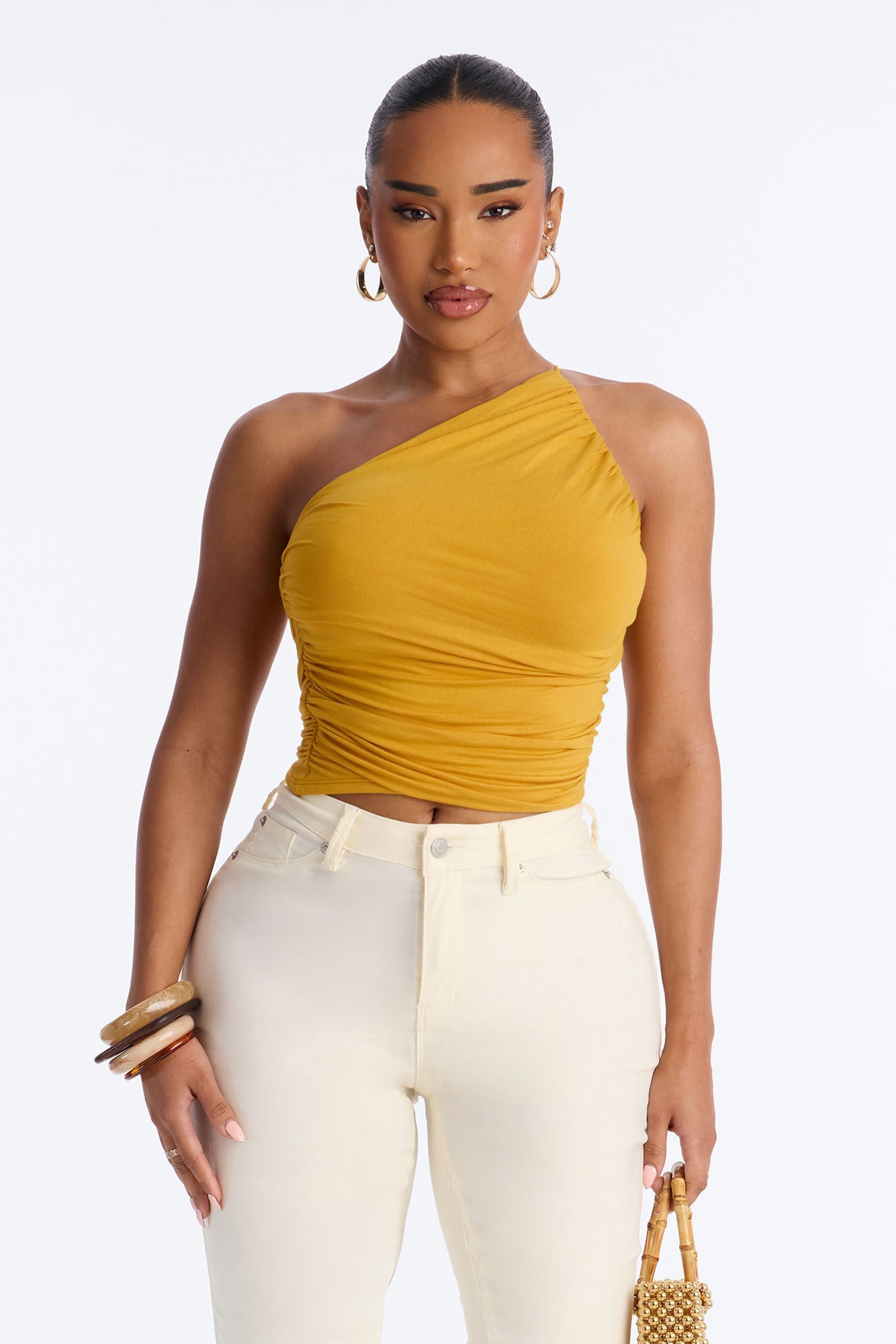 Kehlani One Shoulder Ruched Sleeveless Top - Mustard
