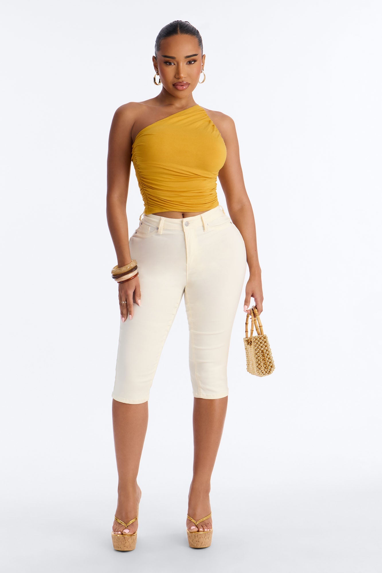 Kehlani One Shoulder Ruched Sleeveless Top - Mustard