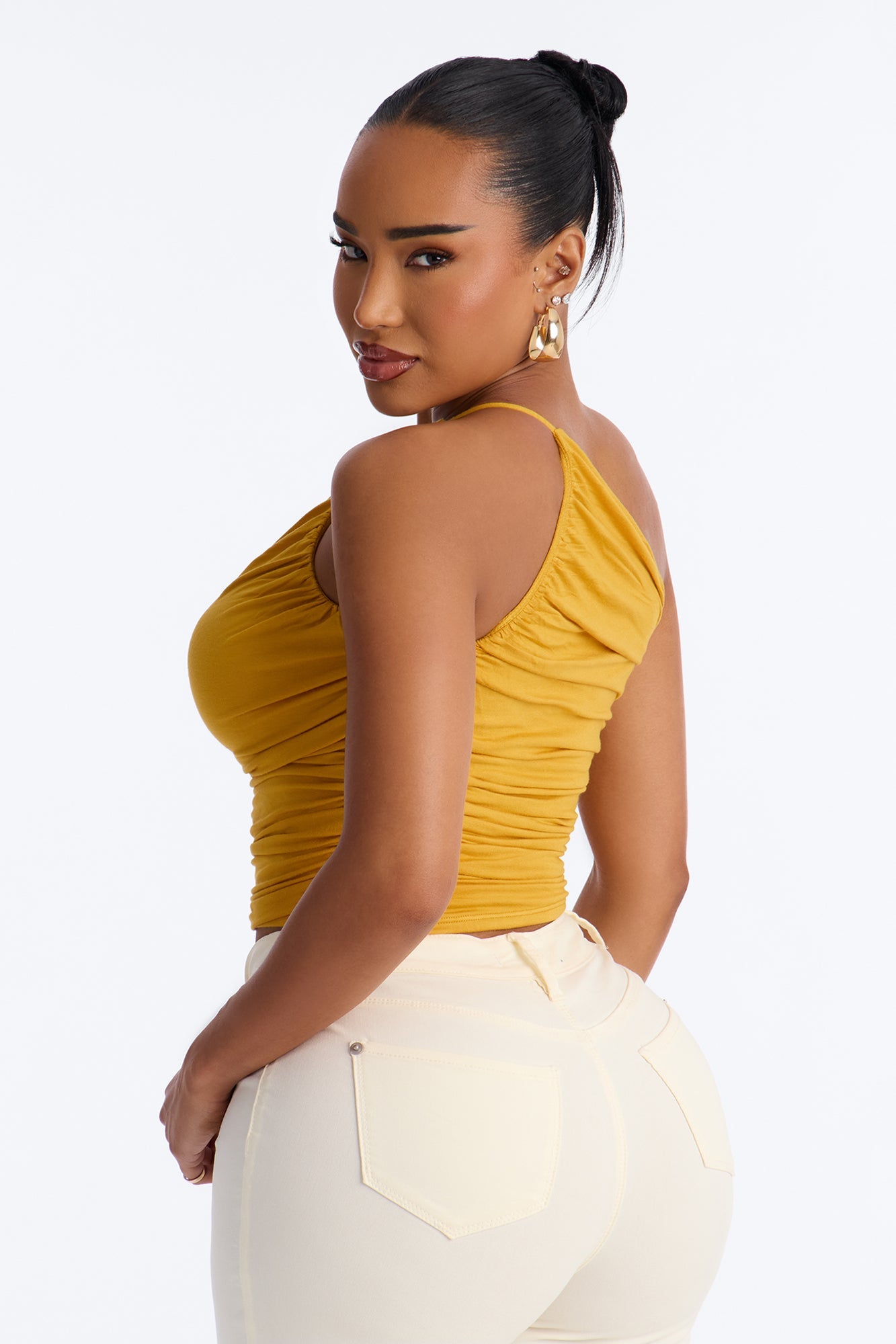 Kehlani One Shoulder Ruched Sleeveless Top - Mustard