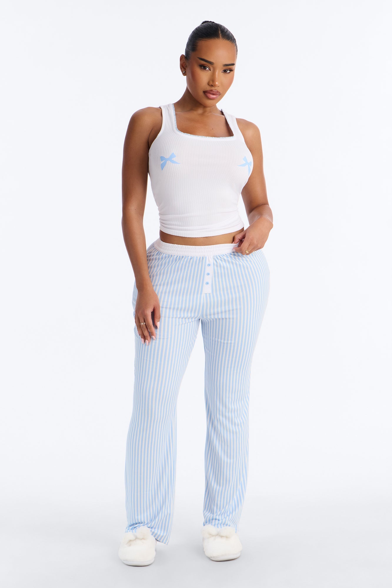 Bow Down Boxer PJ Pant Set - White/Blue