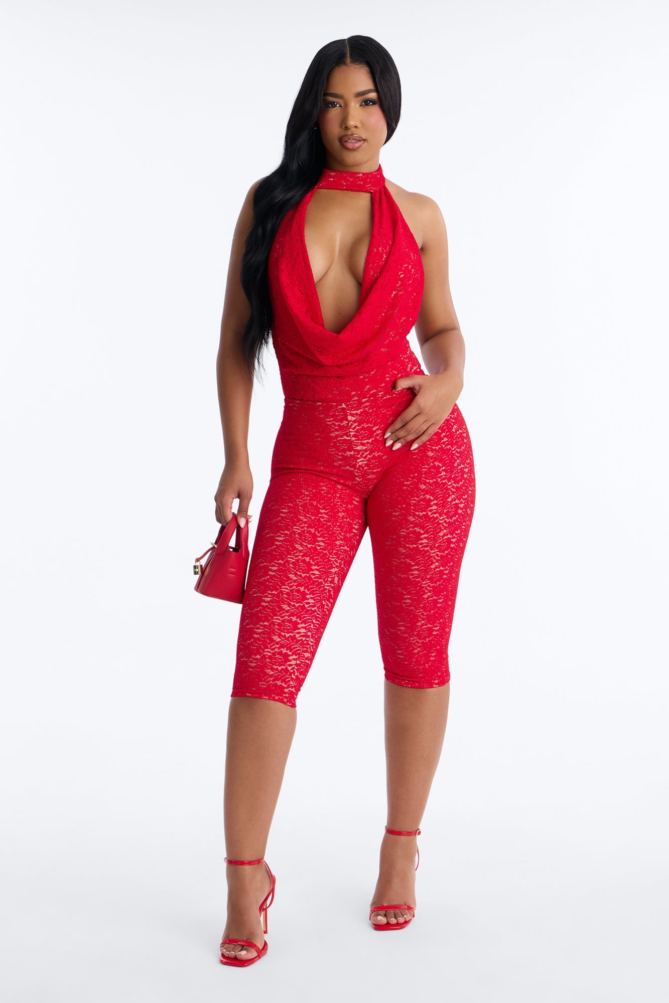 Stella Backless Lace Capri Set - Red