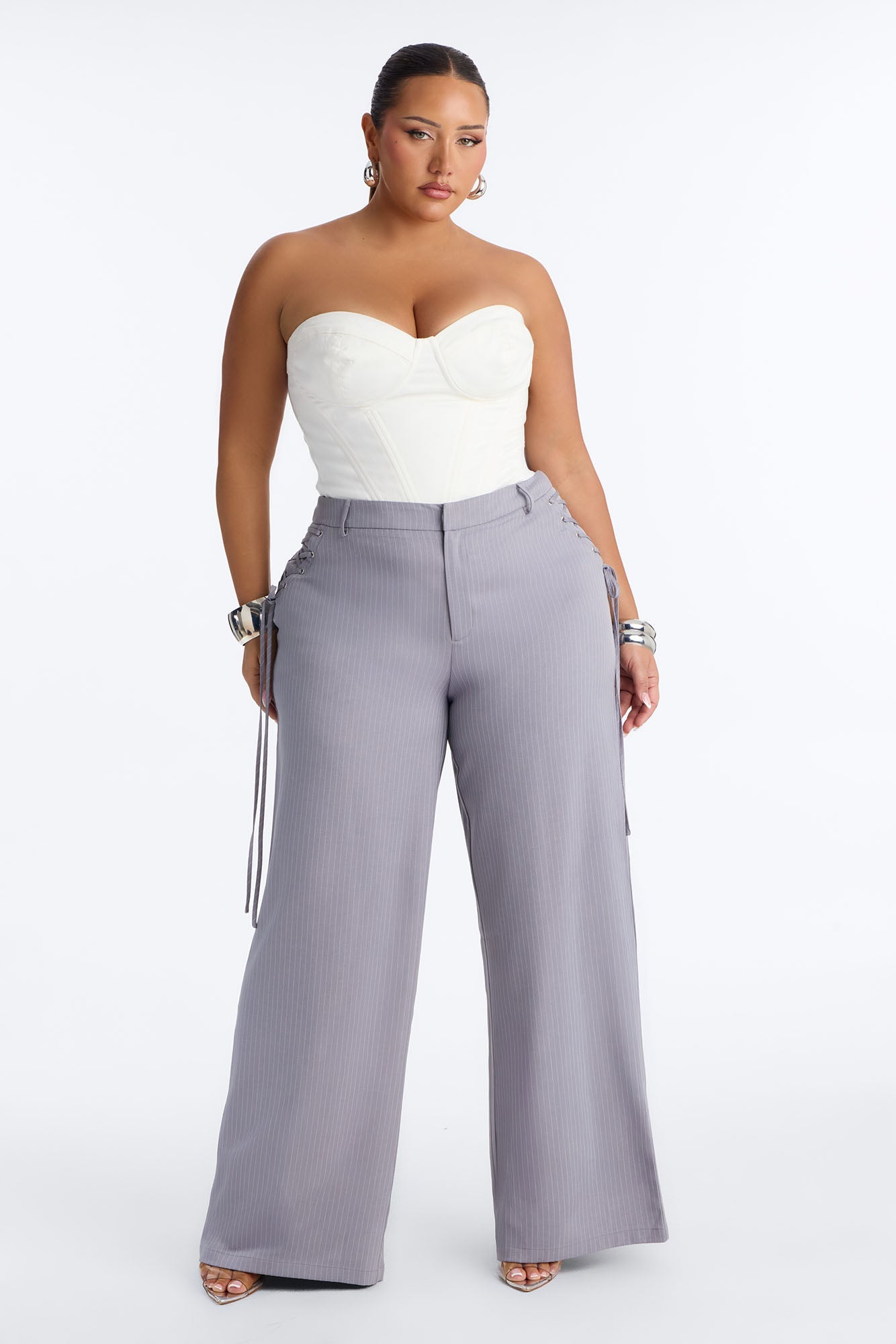 All Laced Up Low Rise Pinstripe Trouser - Light Grey