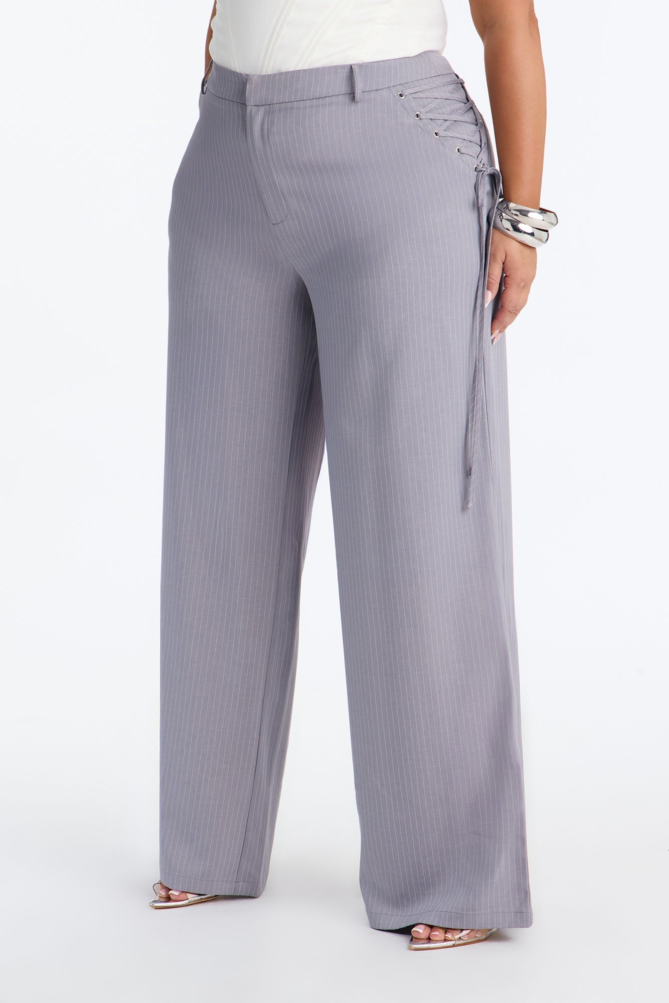 All Laced Up Low Rise Pinstripe Trouser - Light Grey