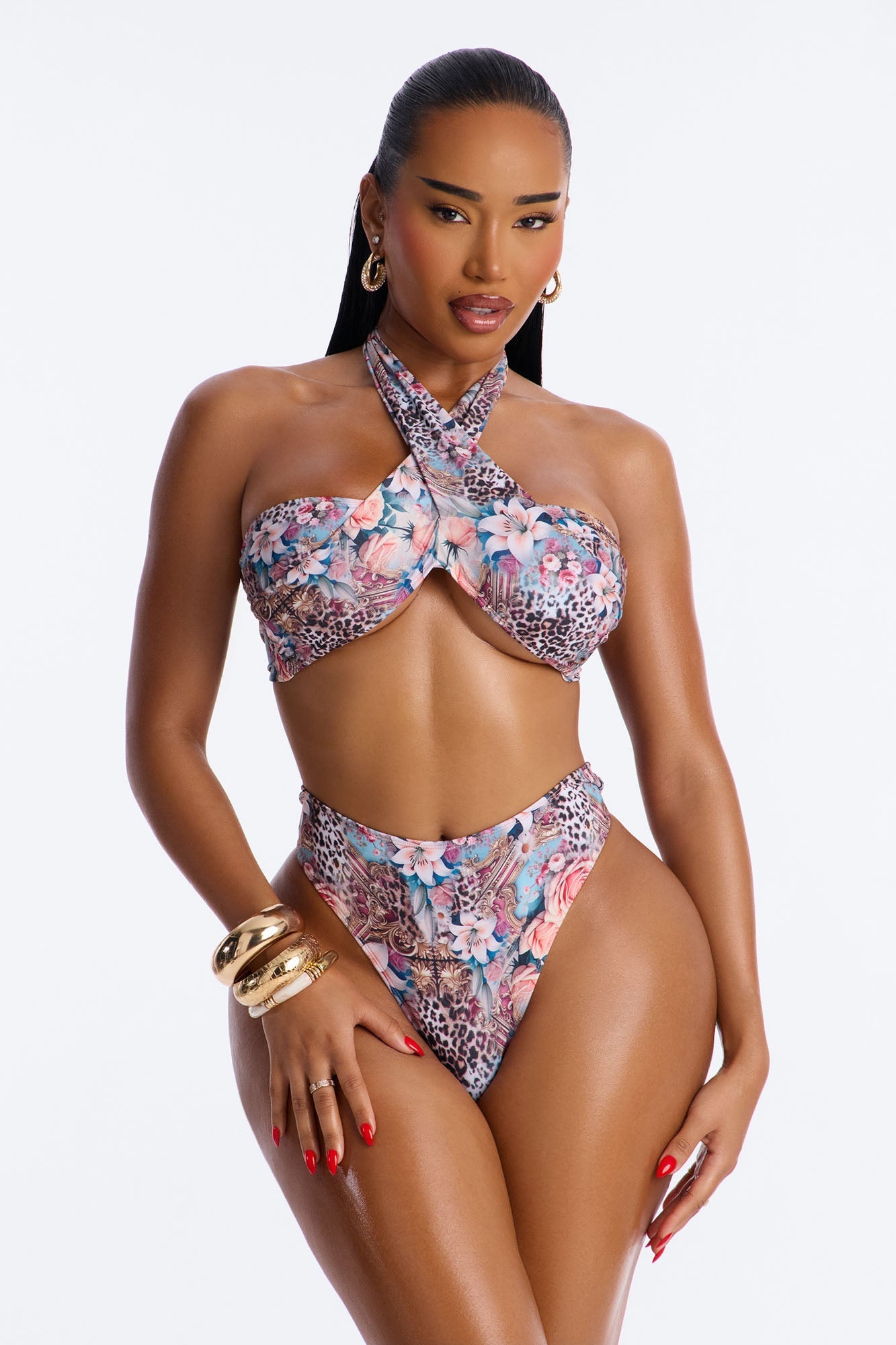 Beach Bar Multi Way Floral Animal 2 Piece Bikini - Pink/combo
