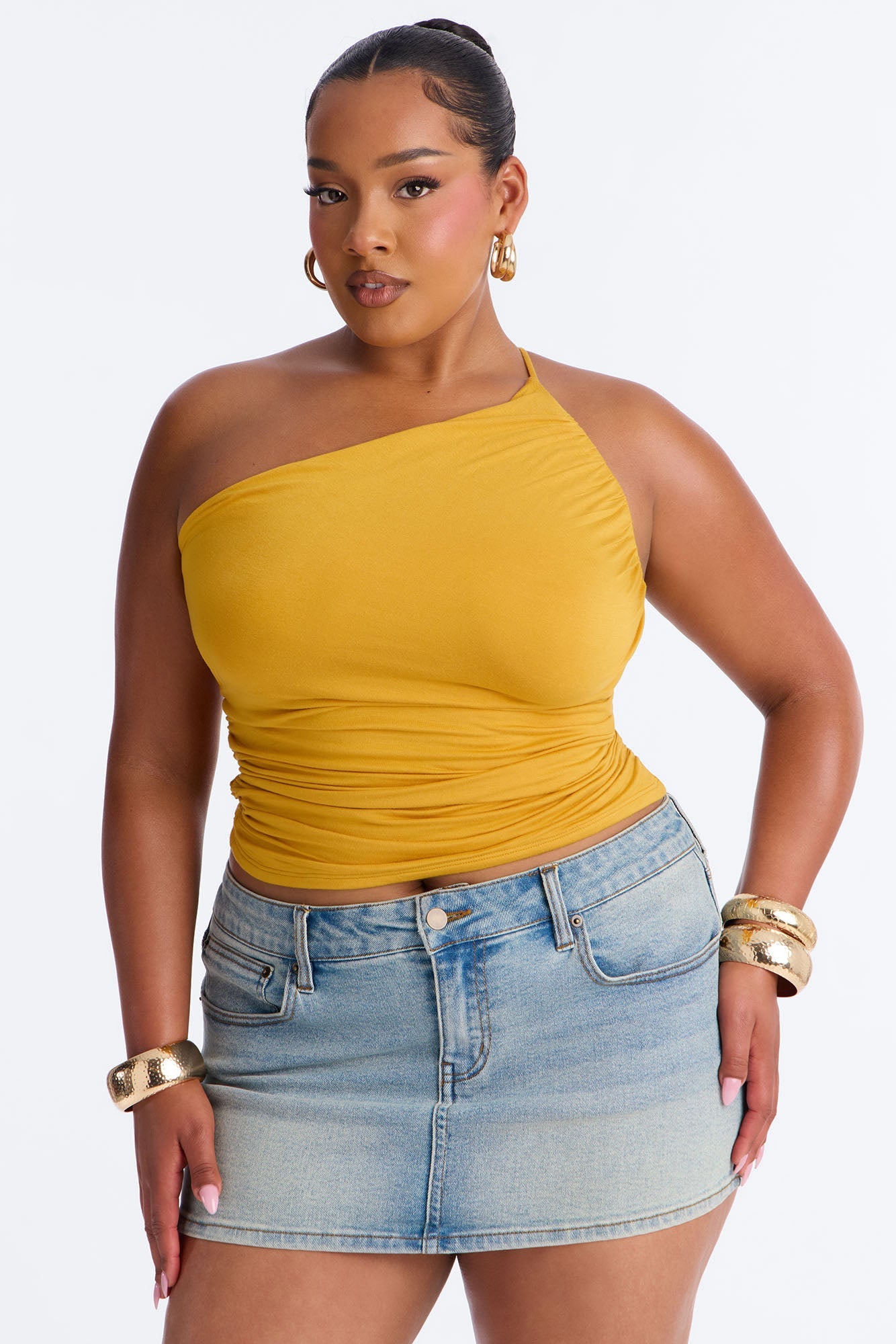 Kehlani One Shoulder Ruched Sleeveless Top - Mustard