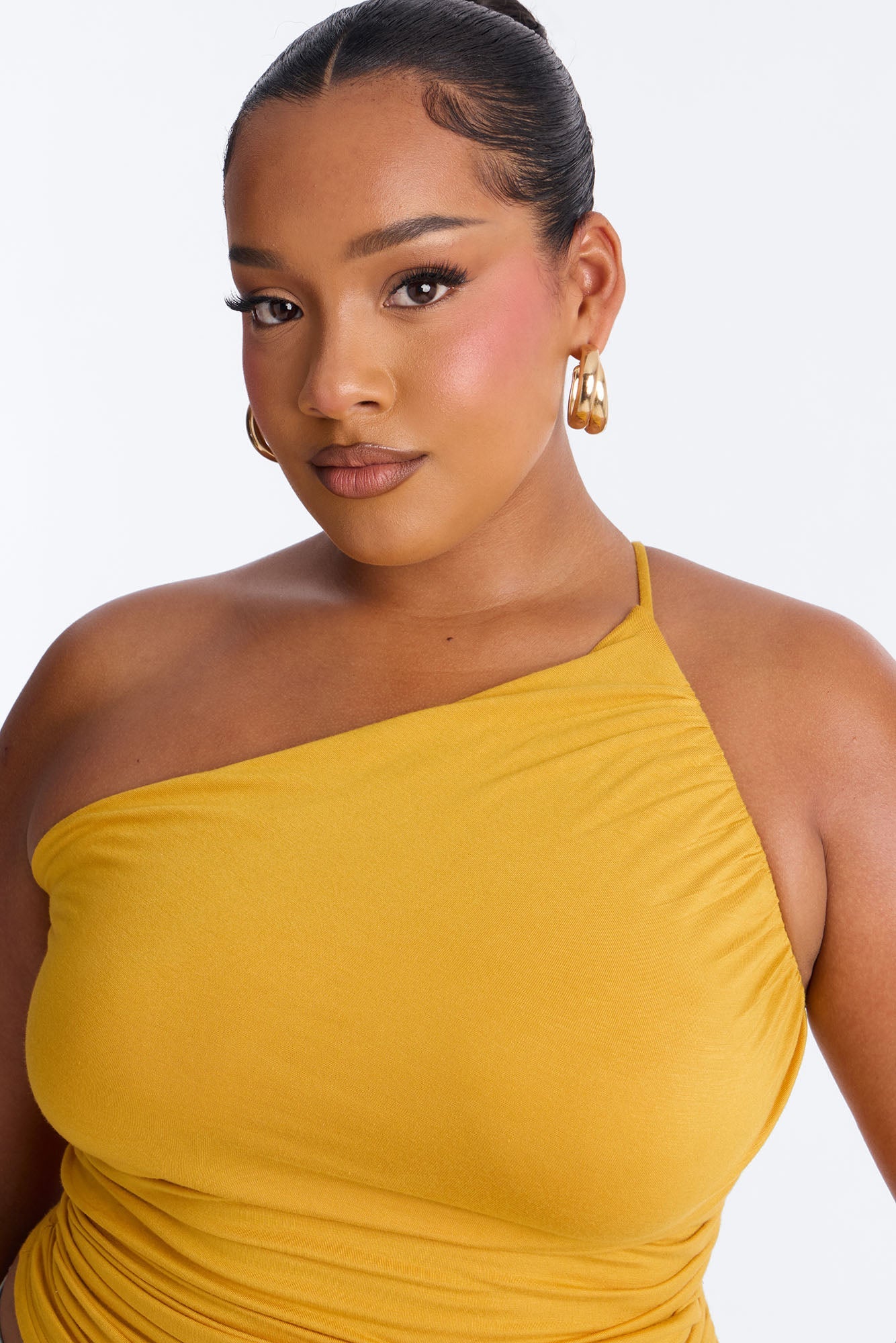 Kehlani One Shoulder Ruched Sleeveless Top - Mustard