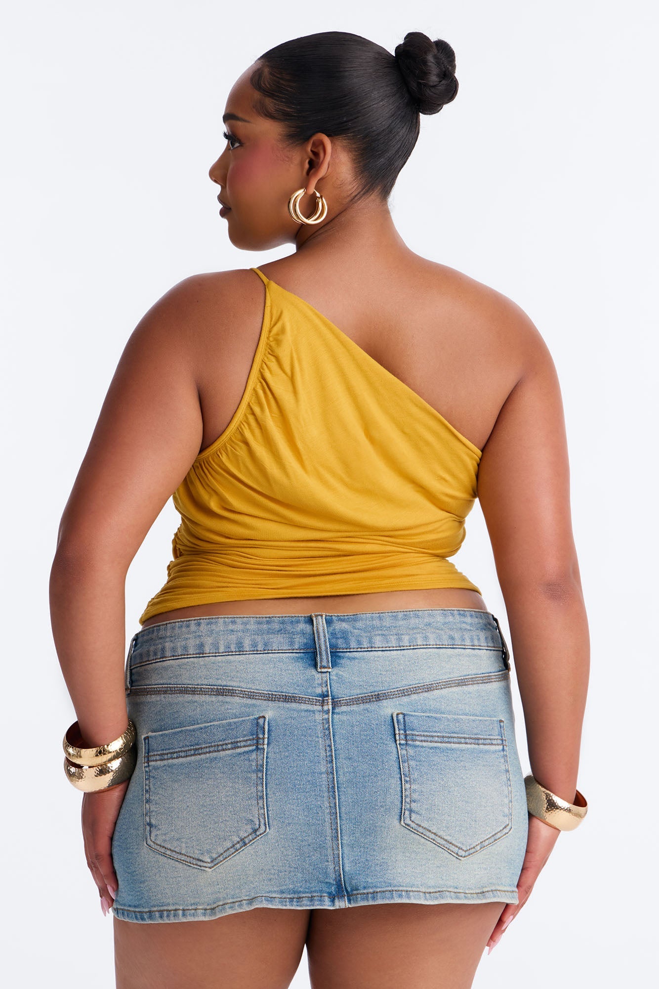 Kehlani One Shoulder Ruched Sleeveless Top - Mustard
