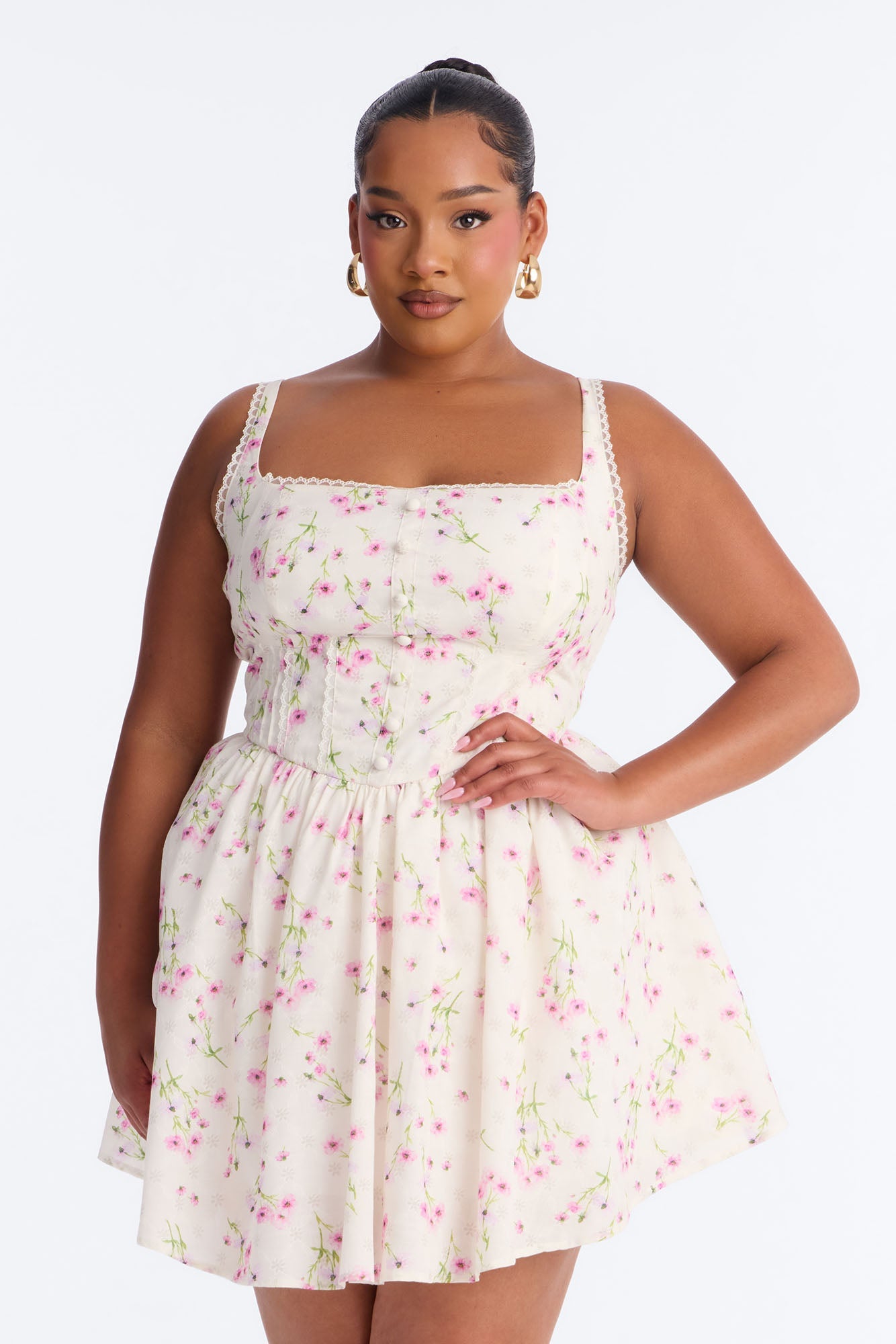 Madison Lace Trim Floral Mini Dress - Pink