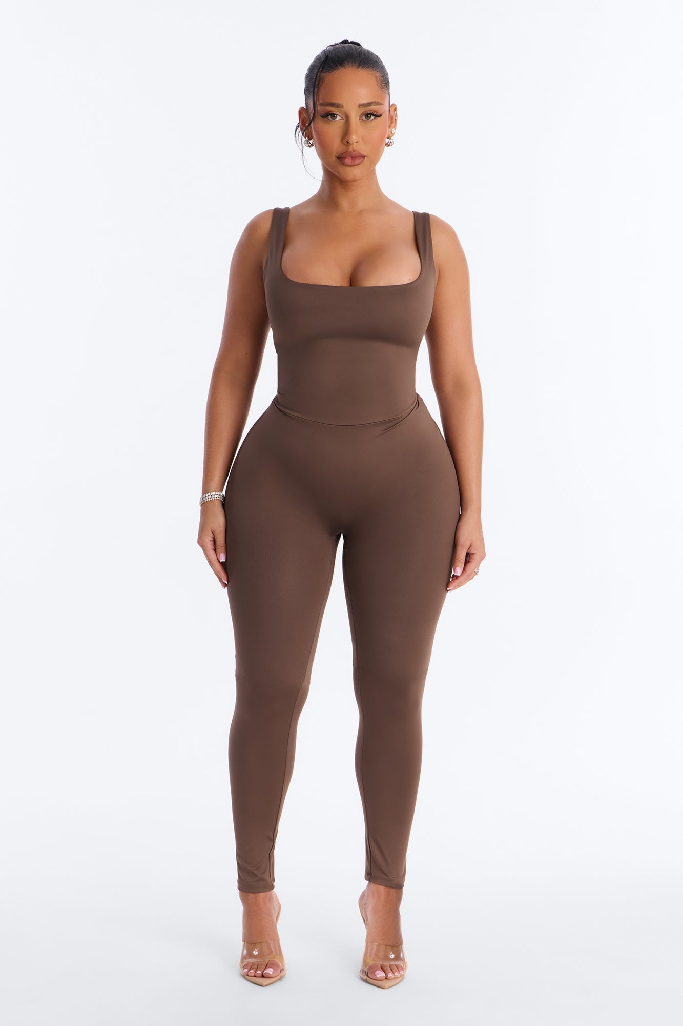 Contour Double Lined Sleeveless Square Neck Jumpsuit - Brown