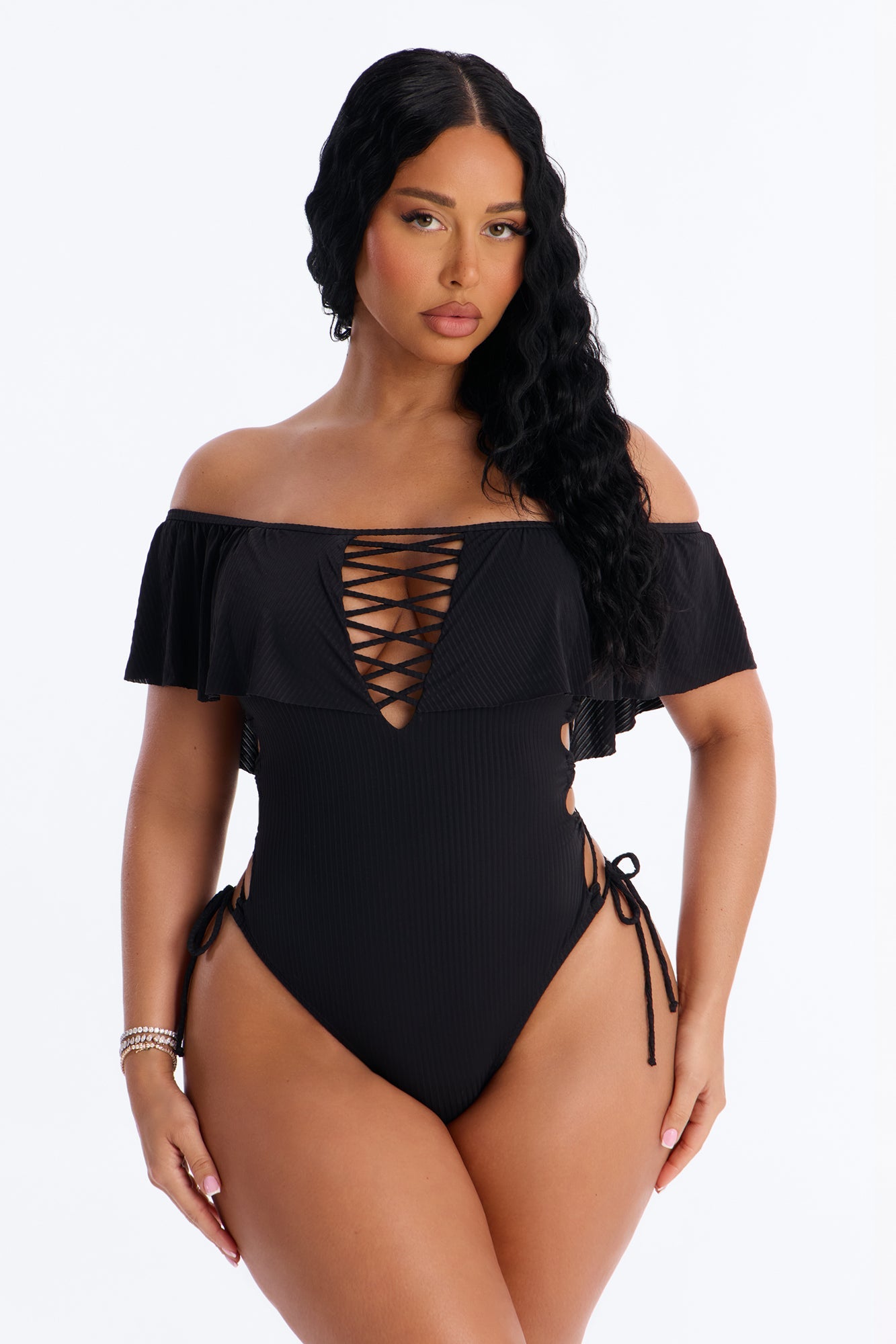 Take One Shoulder Ruffle Sleeve Lace Down Ribbed 1 Piece Swimsuit - Black