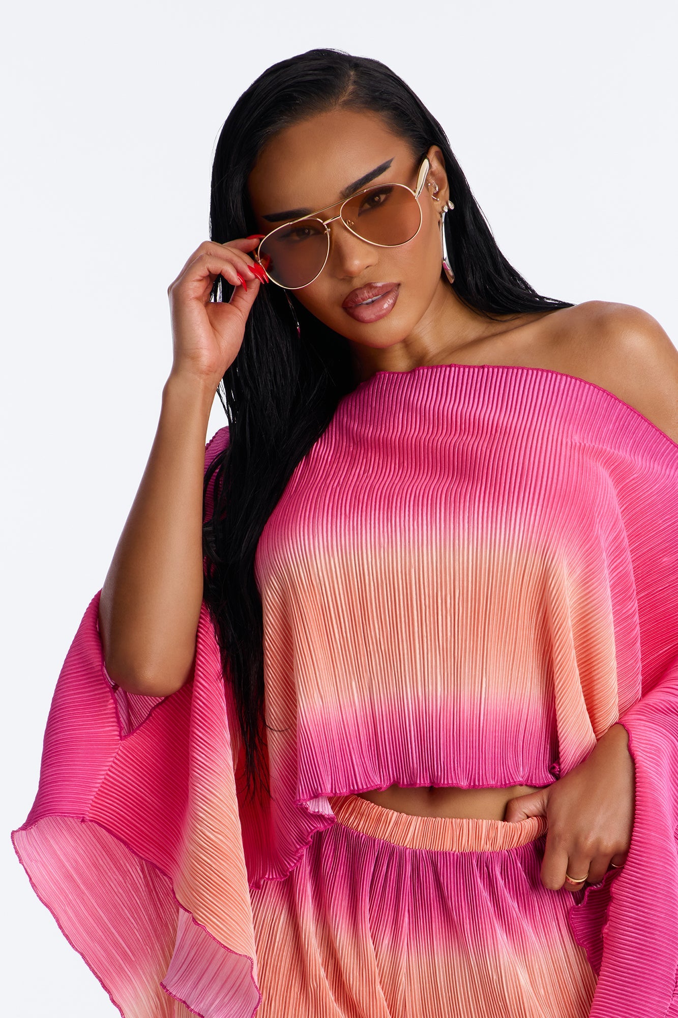 Horizon Glow Off Shoulder Ombre Pant Set - Hot Pink/combo