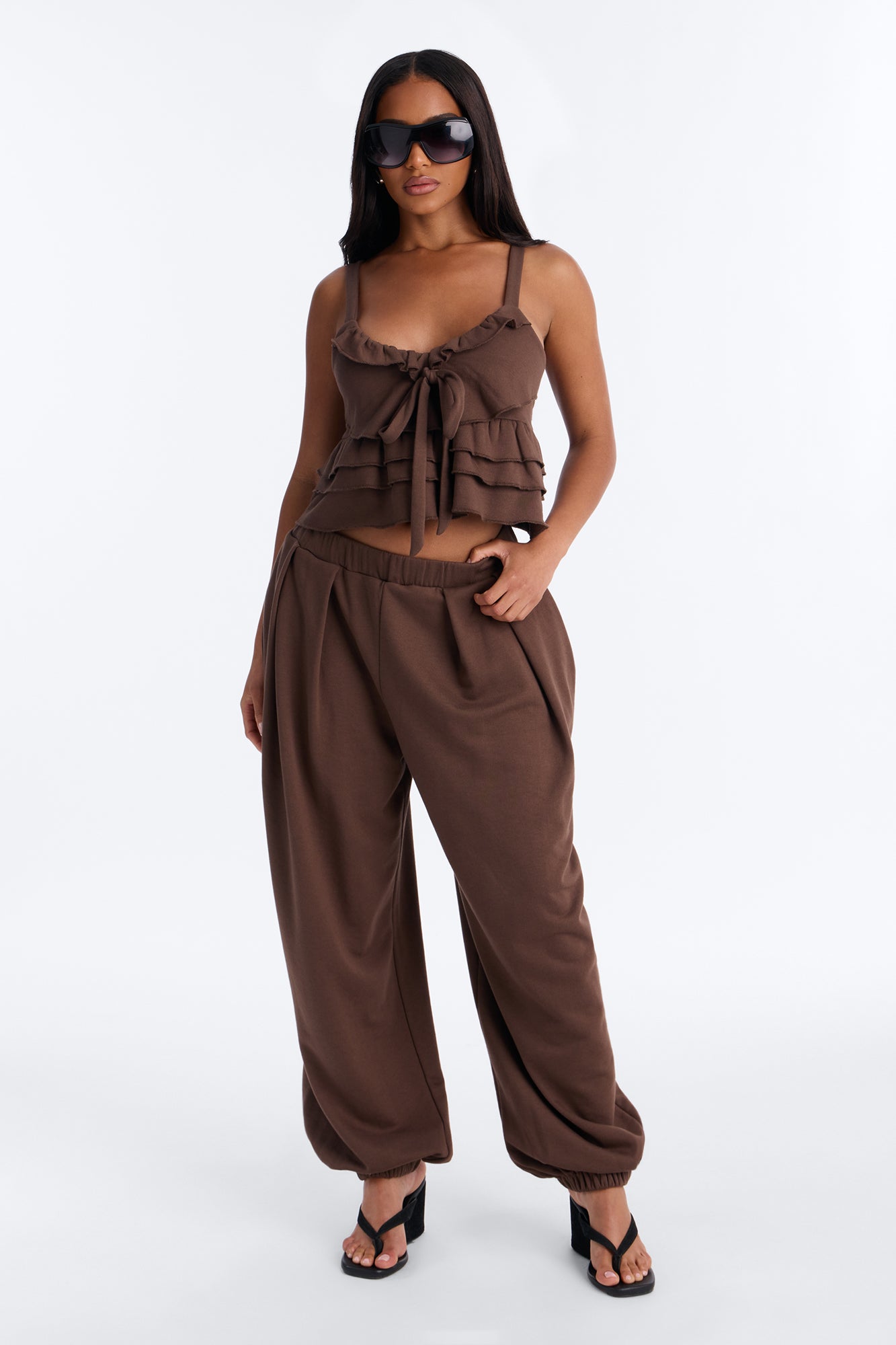 Miranda Ruffle Jogger Pant Set - Brown