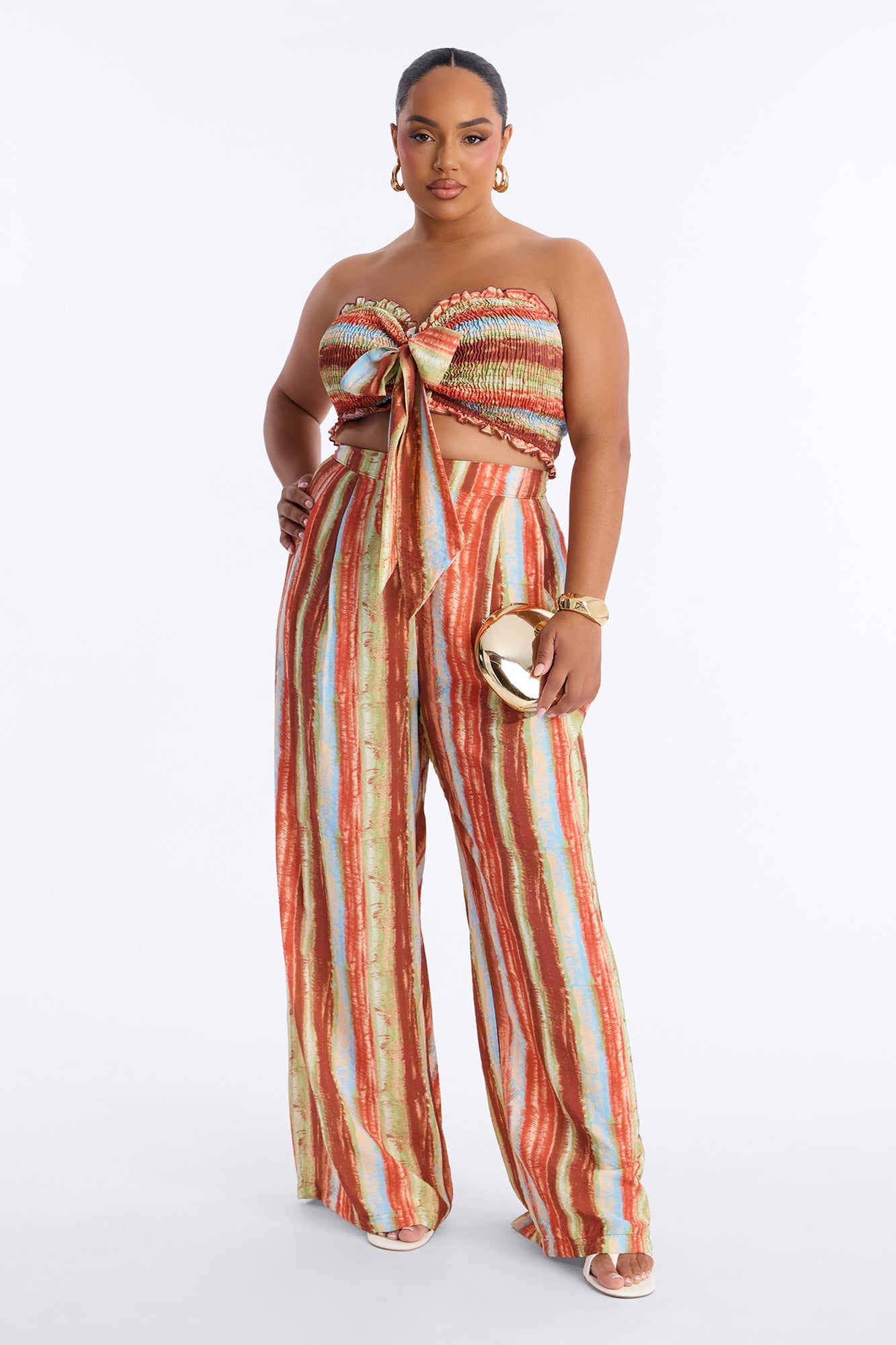 Taryn Smocked Top Wide Leg Pant Set - Rust/combo