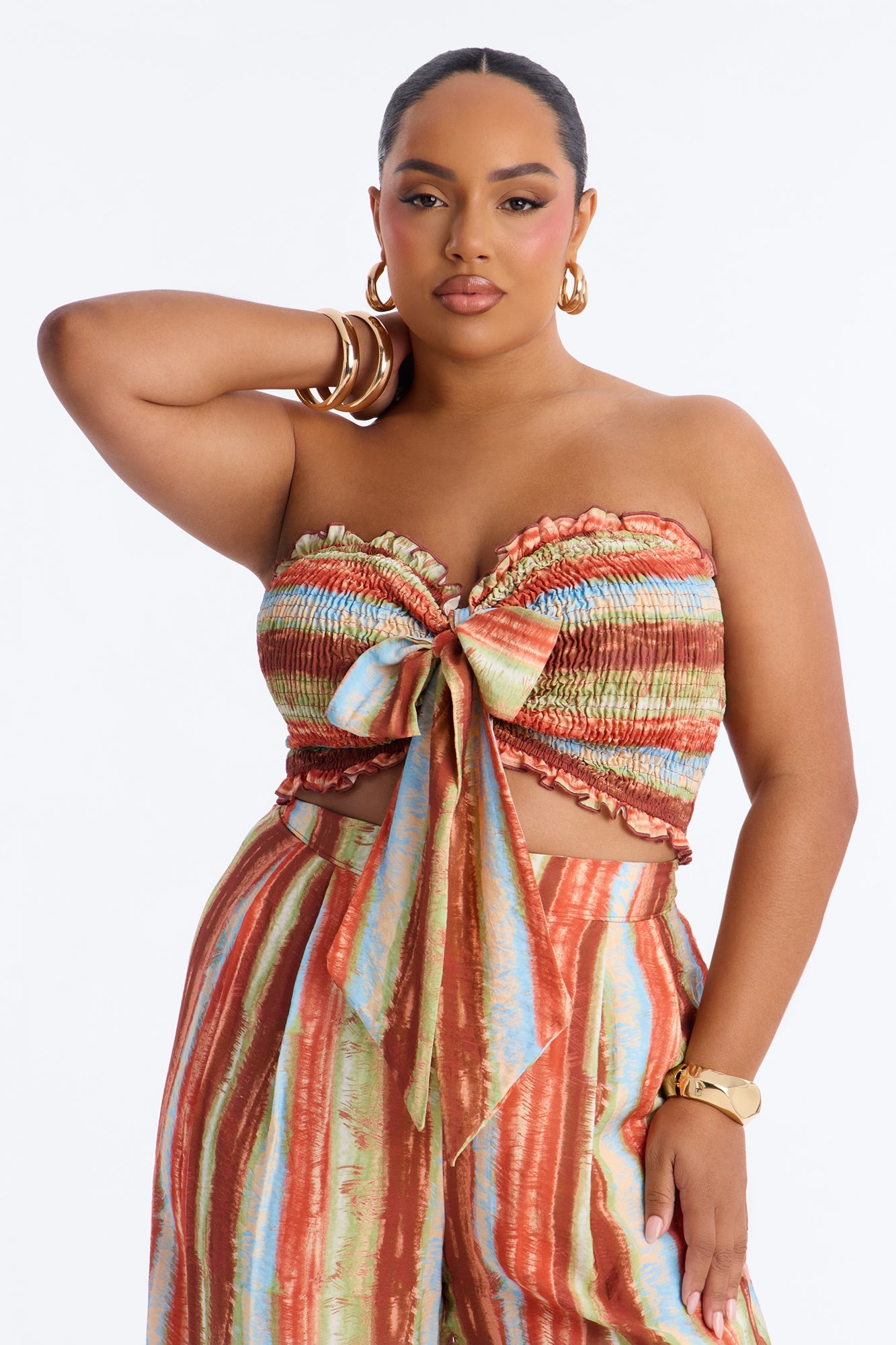 Taryn Smocked Top Wide Leg Pant Set - Rust/combo