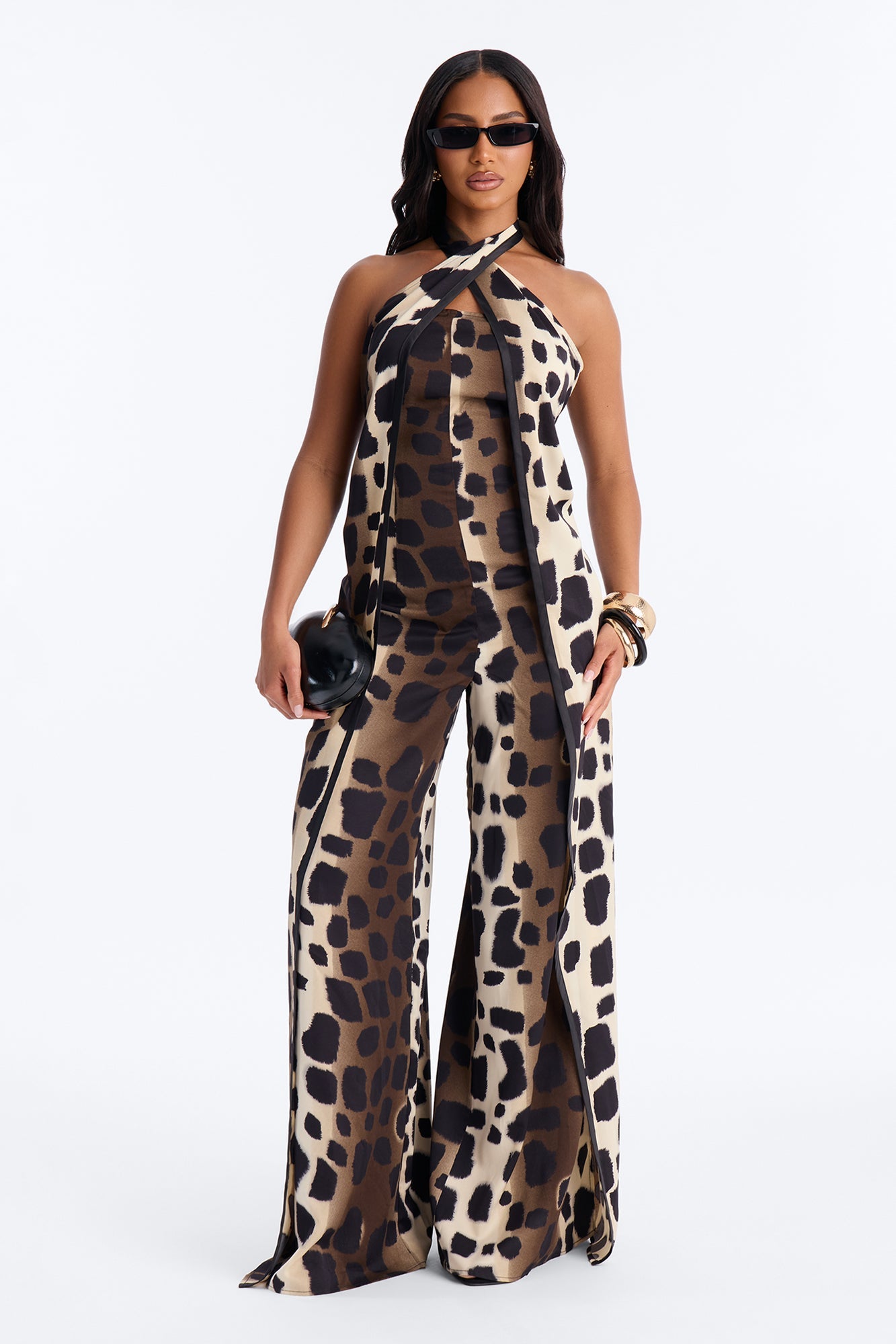 Anaya Animal Halter Wide Leg Jumpsuit - Black