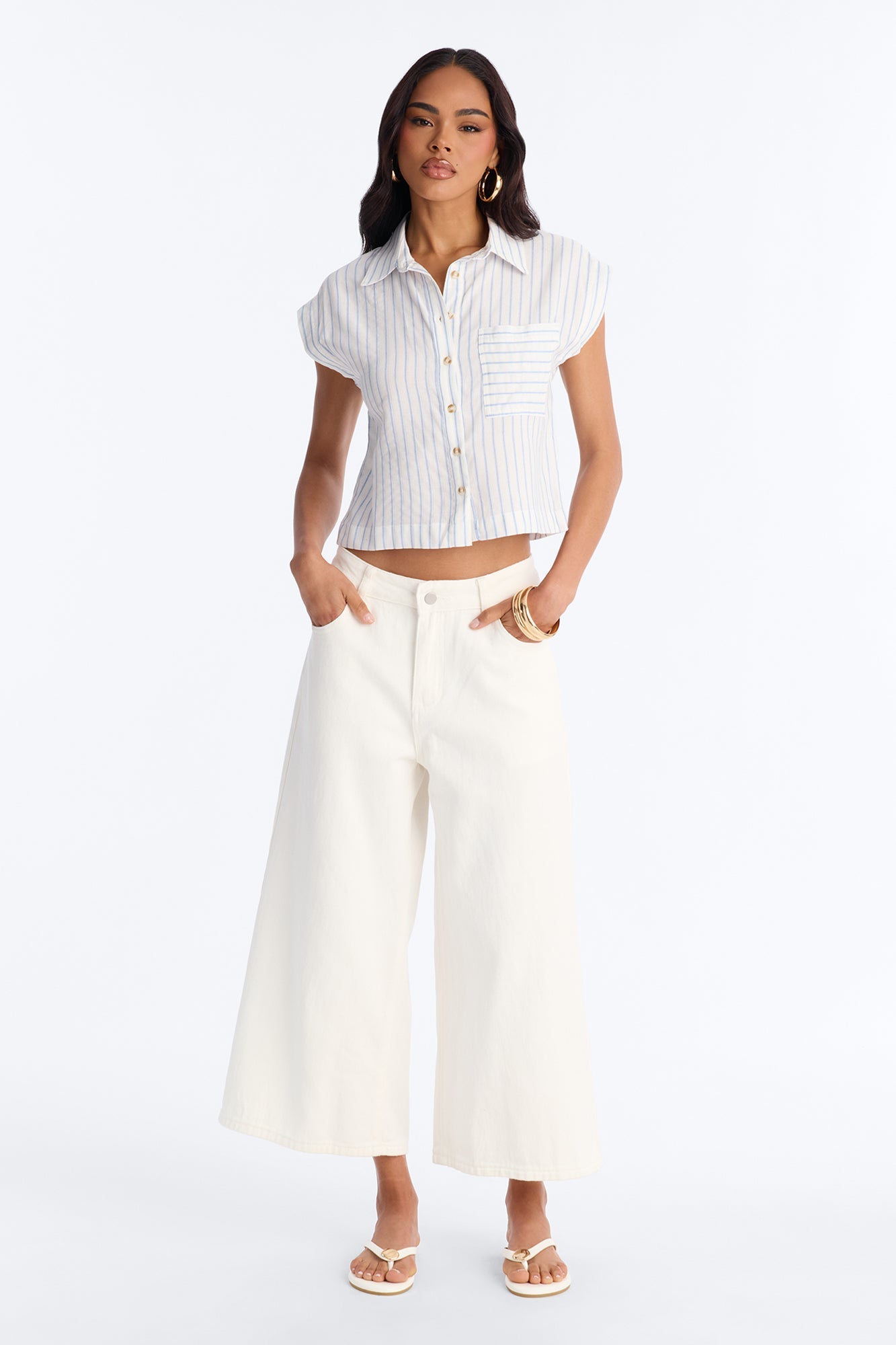 Isabelle Pinstripe Short Sleeve Button Up Shirt - Blue