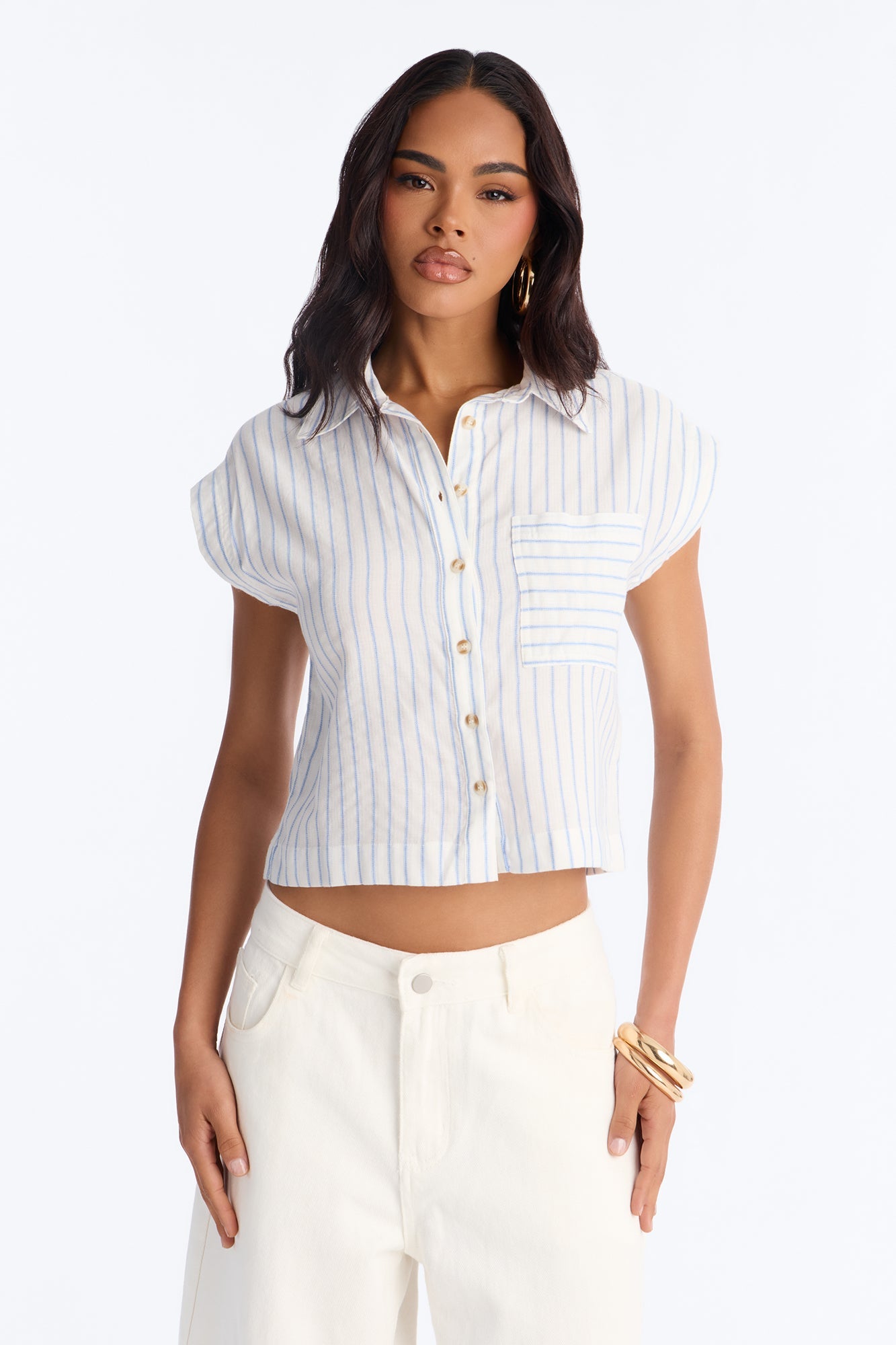 Isabelle Pinstripe Short Sleeve Button Up Shirt - Blue