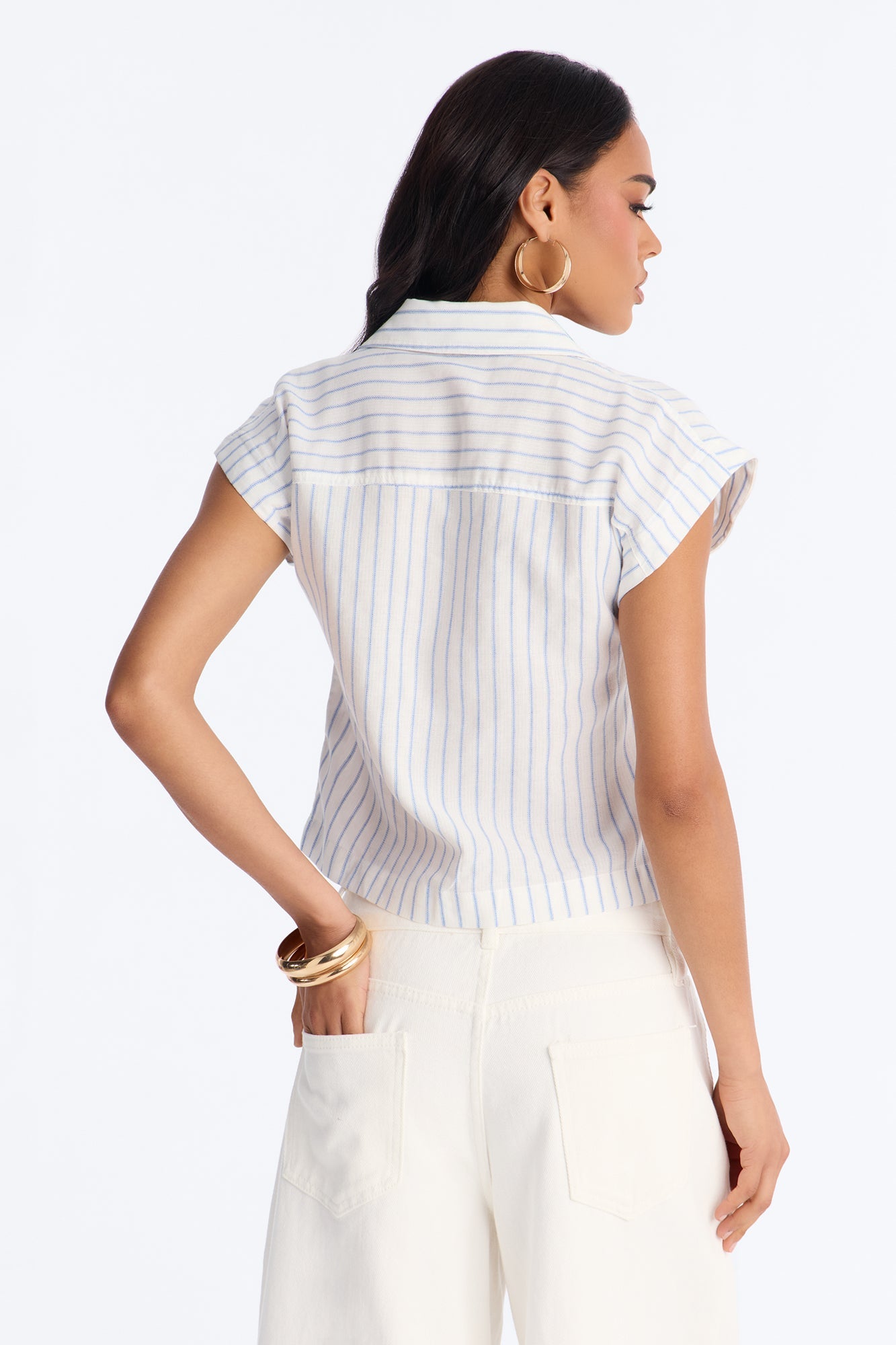 Isabelle Pinstripe Short Sleeve Button Up Shirt - Blue