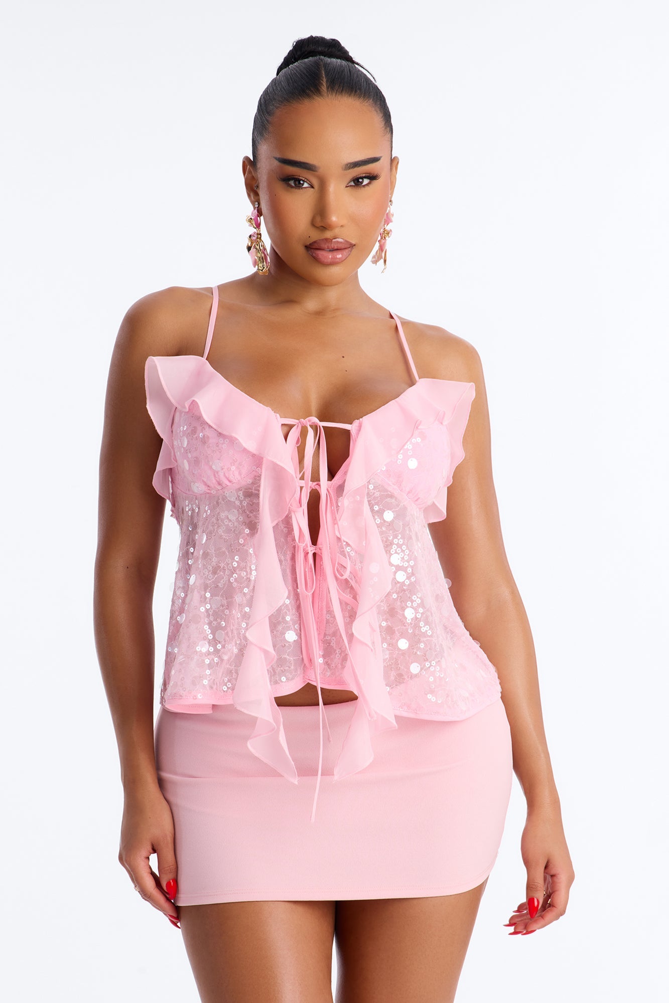 Sparkle Now Sleep Later Ruffle Sequin Flyaway Top - Pink