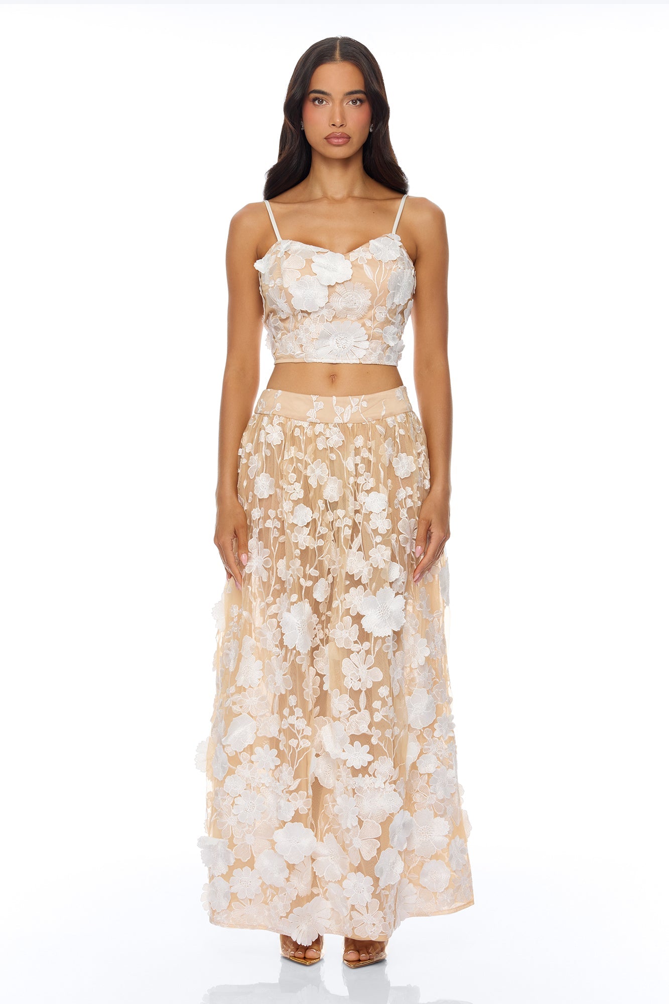 Blossom Skies Floral Embroidered Mesh Skirt Set - Cream